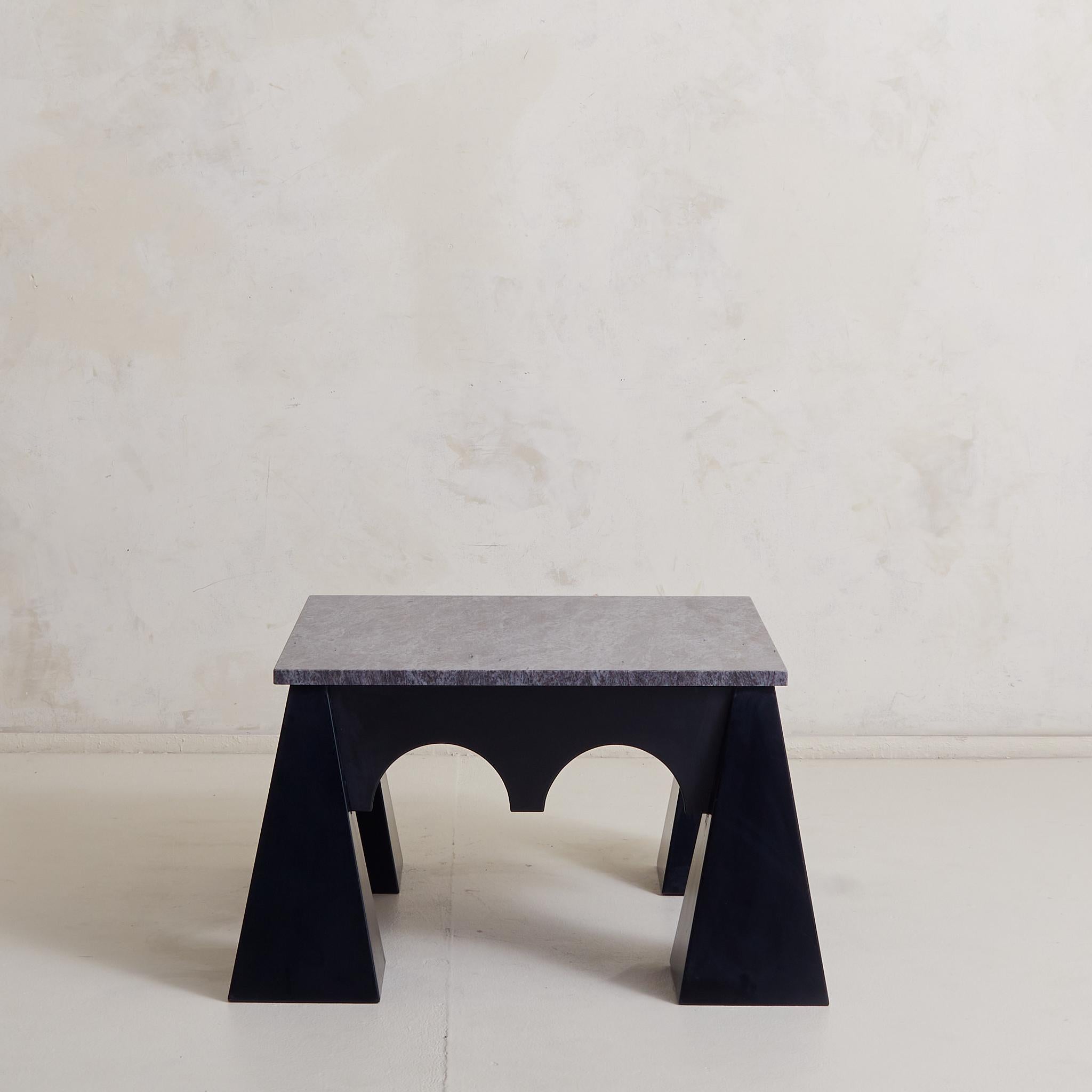 Brutalist Lacquered Wood + Marble Coffee Table, Italy, 1980s In Good Condition In Chicago, IL