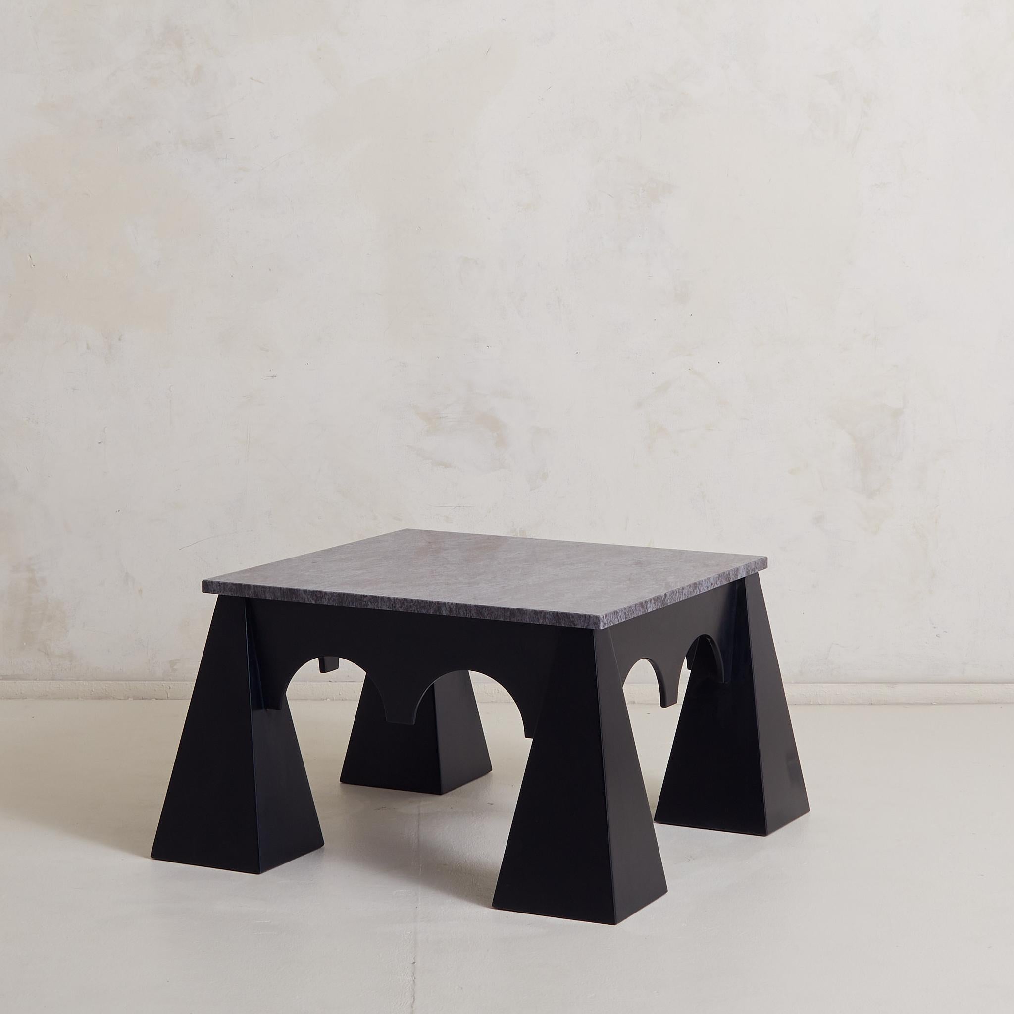 Late 20th Century Brutalist Lacquered Wood + Marble Coffee Table, Italy, 1980s