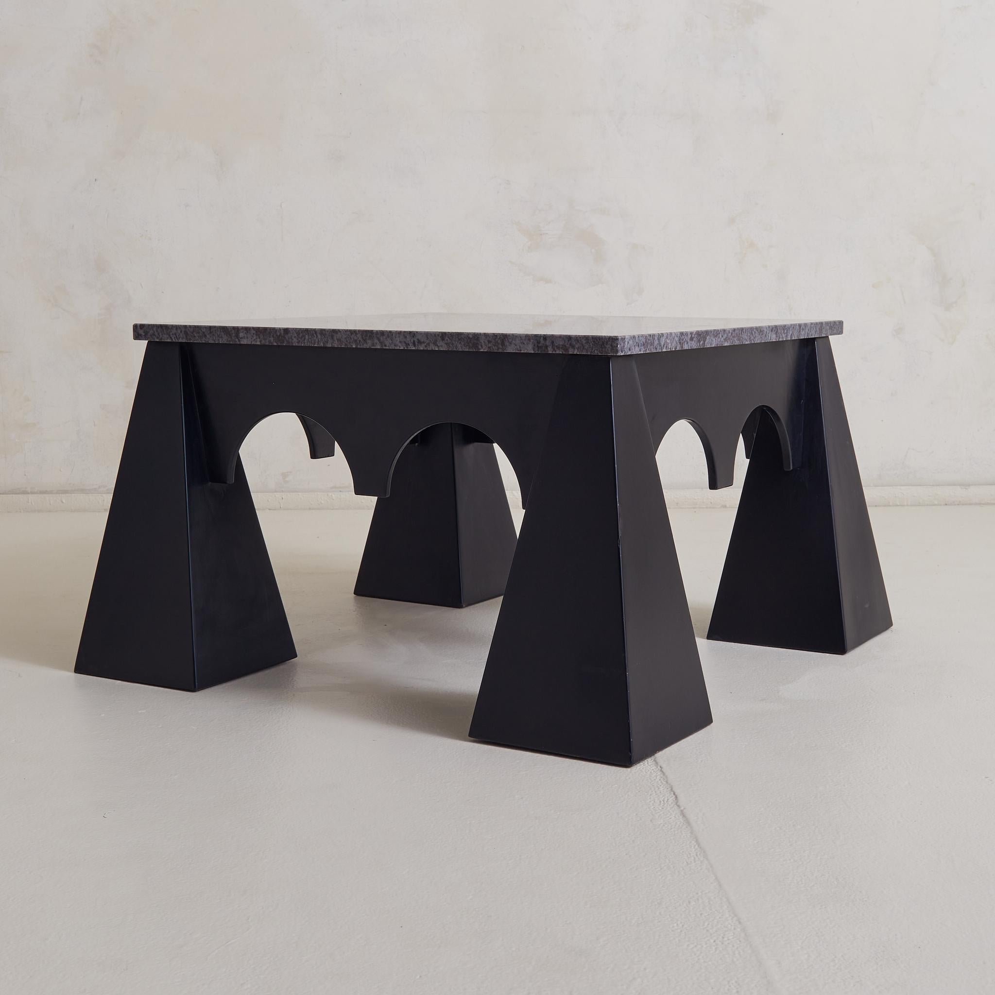 Brutalist Lacquered Wood + Marble Coffee Table, Italy, 1980s 1