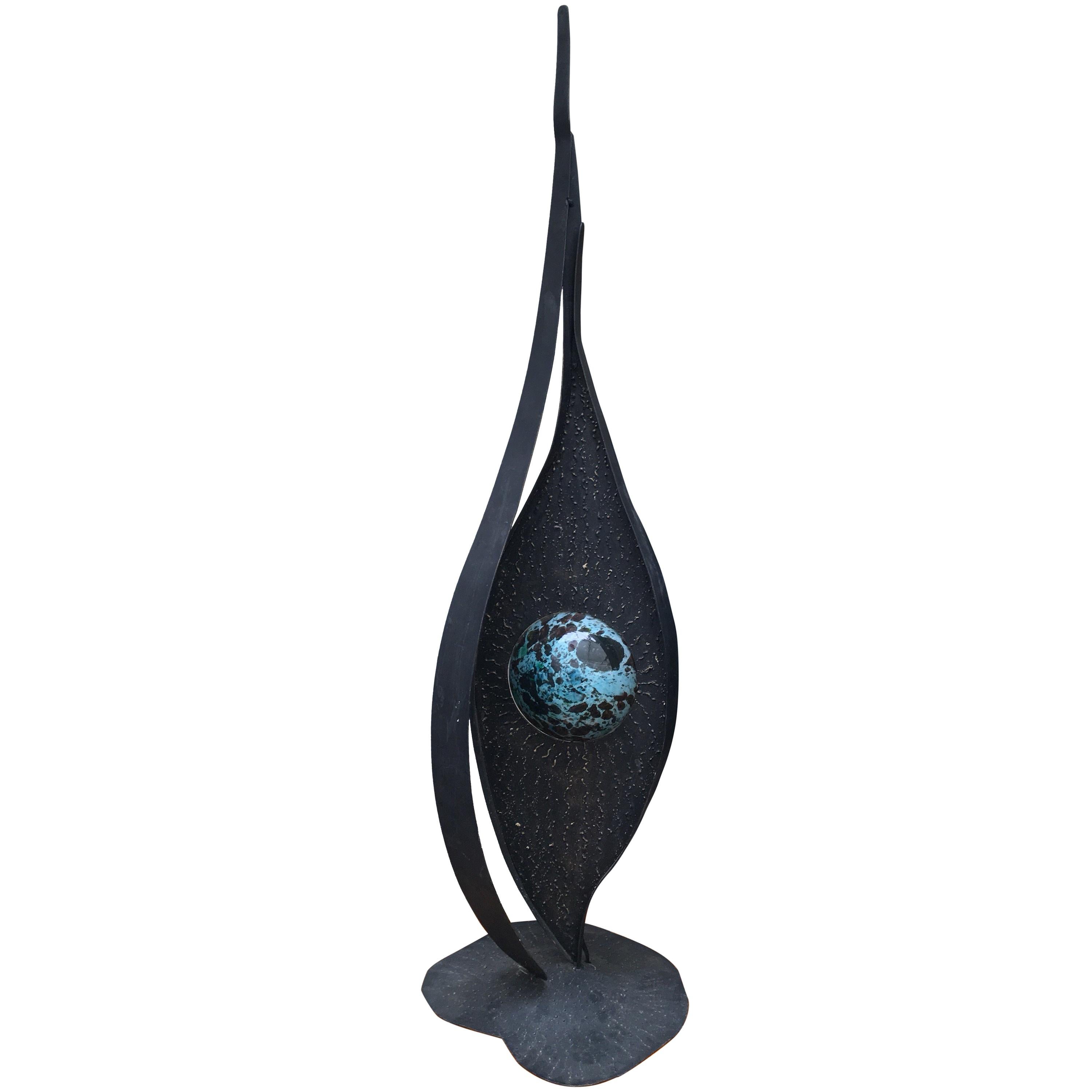 Brutalist Lamp with Black Lacquered Brass Structure and Bluish Glass, circa 1980 For Sale