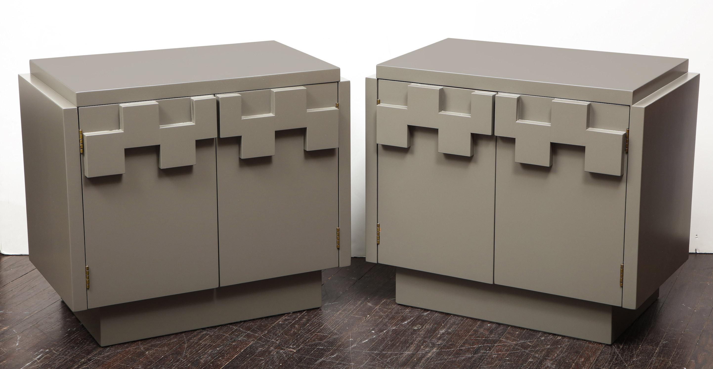 Brutalist lane lacquered walnut nightstands in the manner of Paul Evans.