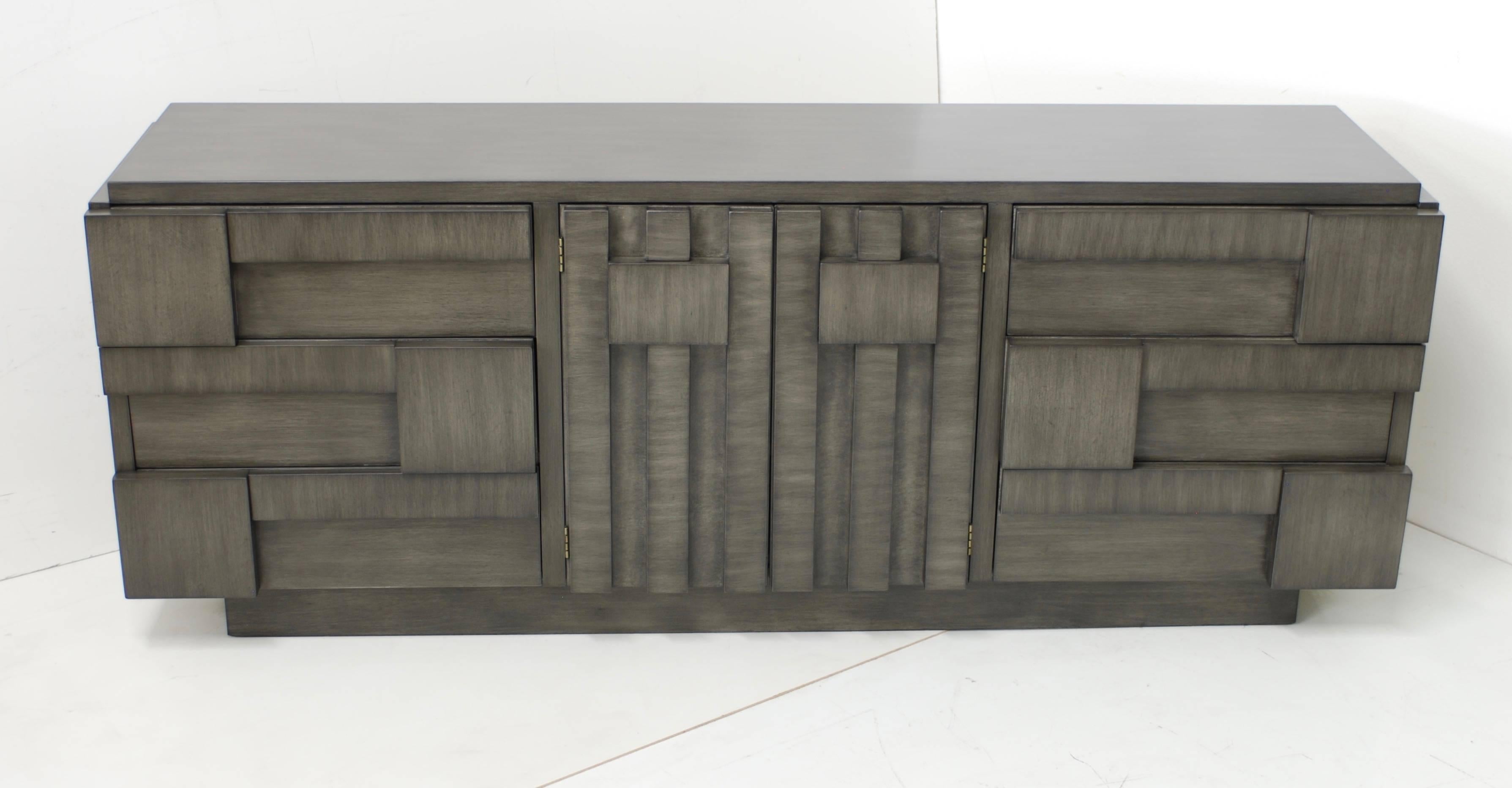 Brutalist Lane Mosaic Line Charcoal Gray Cabinet or Credenza In Excellent Condition In Palm Springs, CA