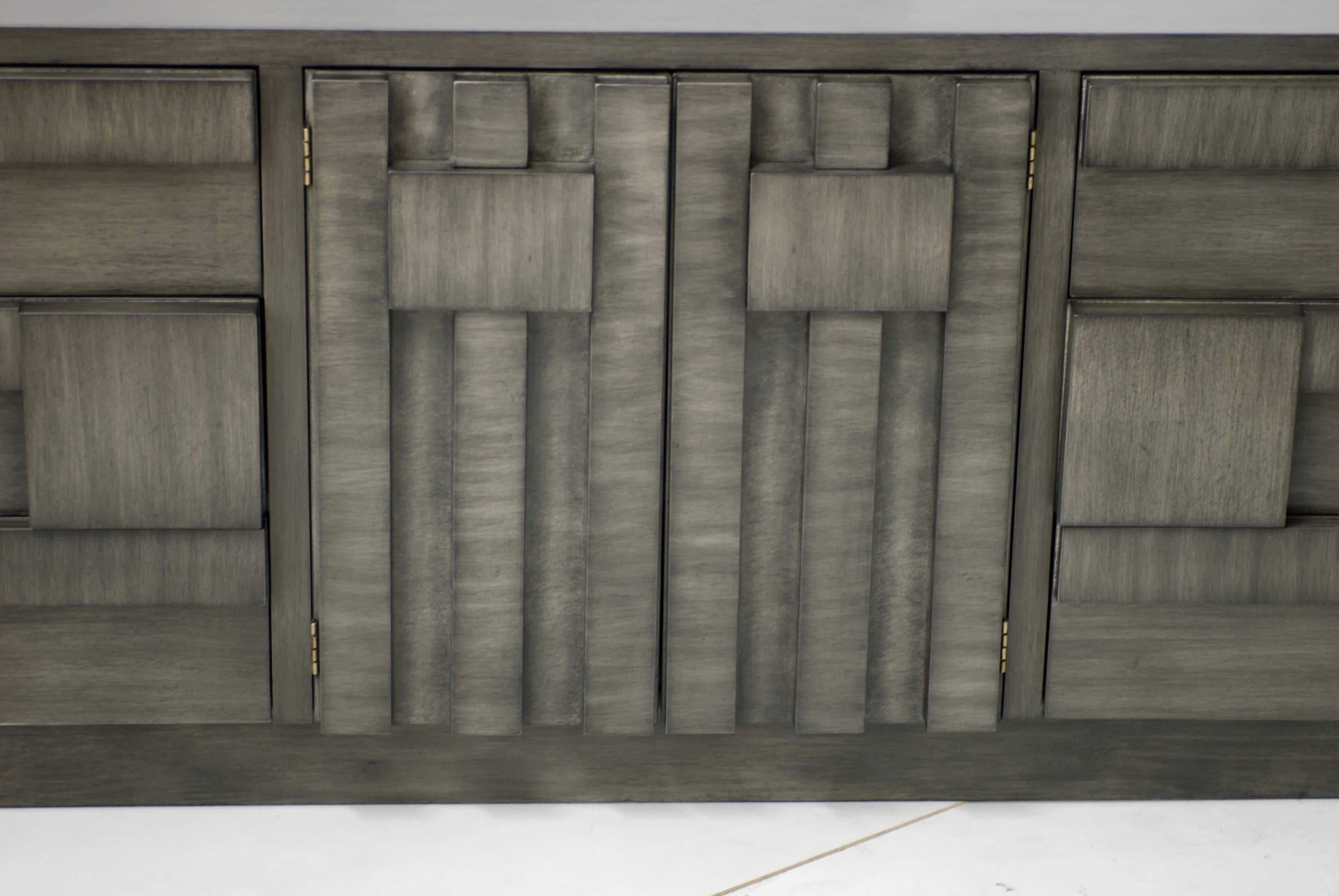 20th Century Brutalist Lane Mosaic Line Charcoal Gray Cabinet or Credenza