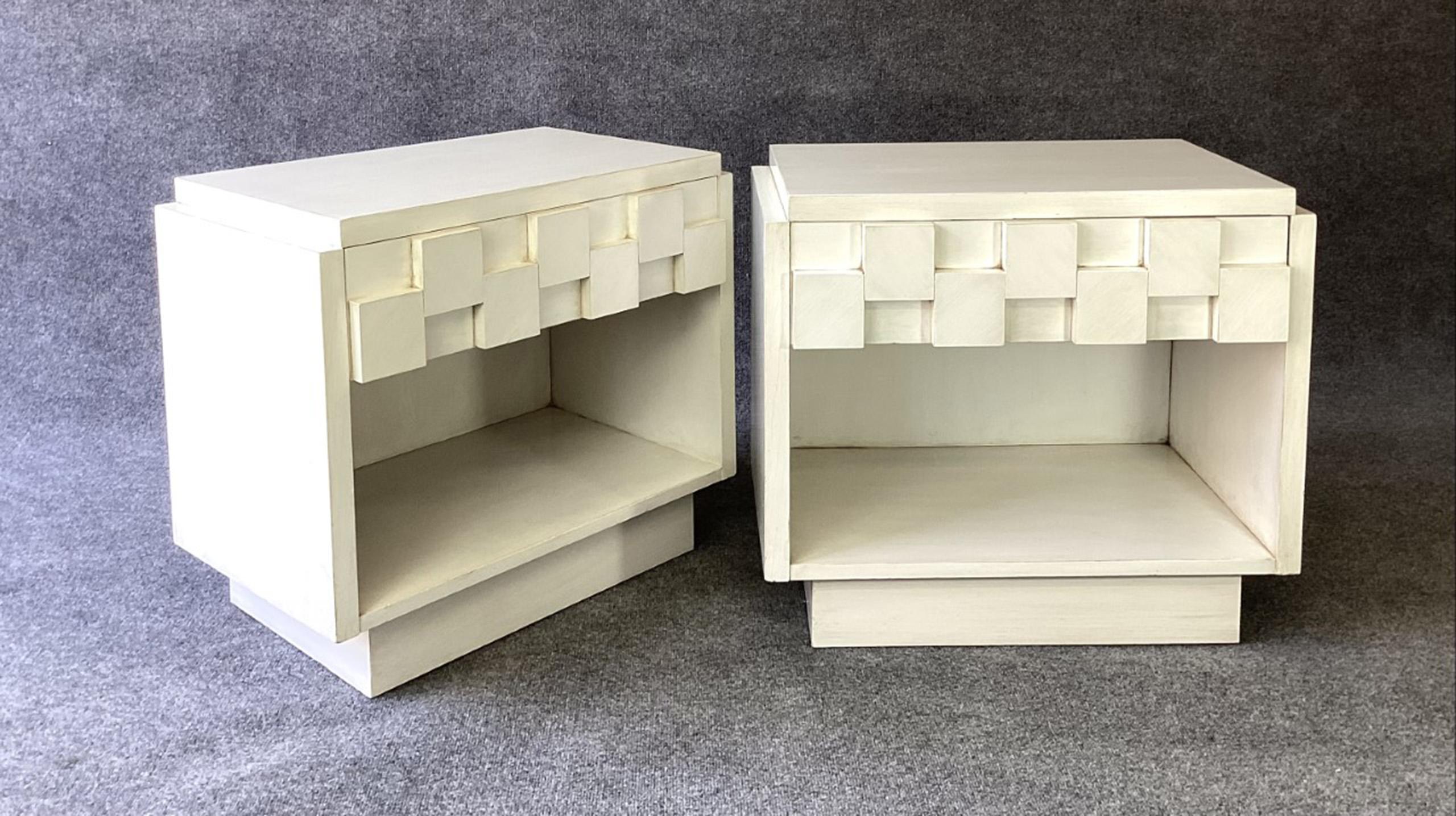 American Brutalist Lane Staccato Pair Nightstands Restored Burnished Custom White Enamel  For Sale