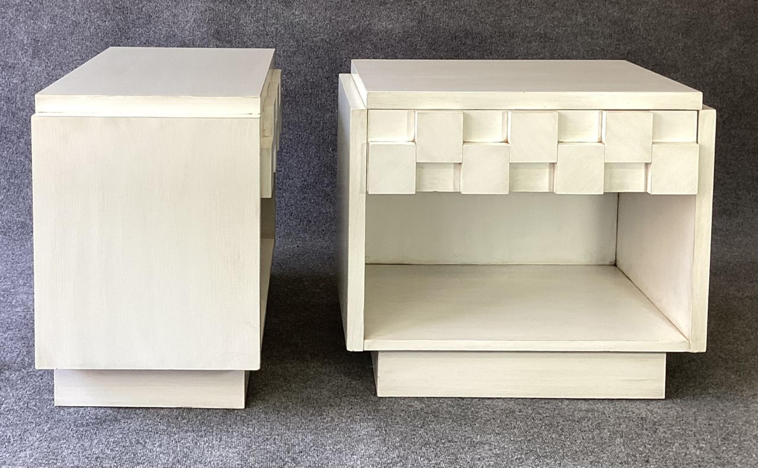 Enameled Brutalist Lane Staccato Pair Nightstands Restored Burnished Custom White Enamel  For Sale