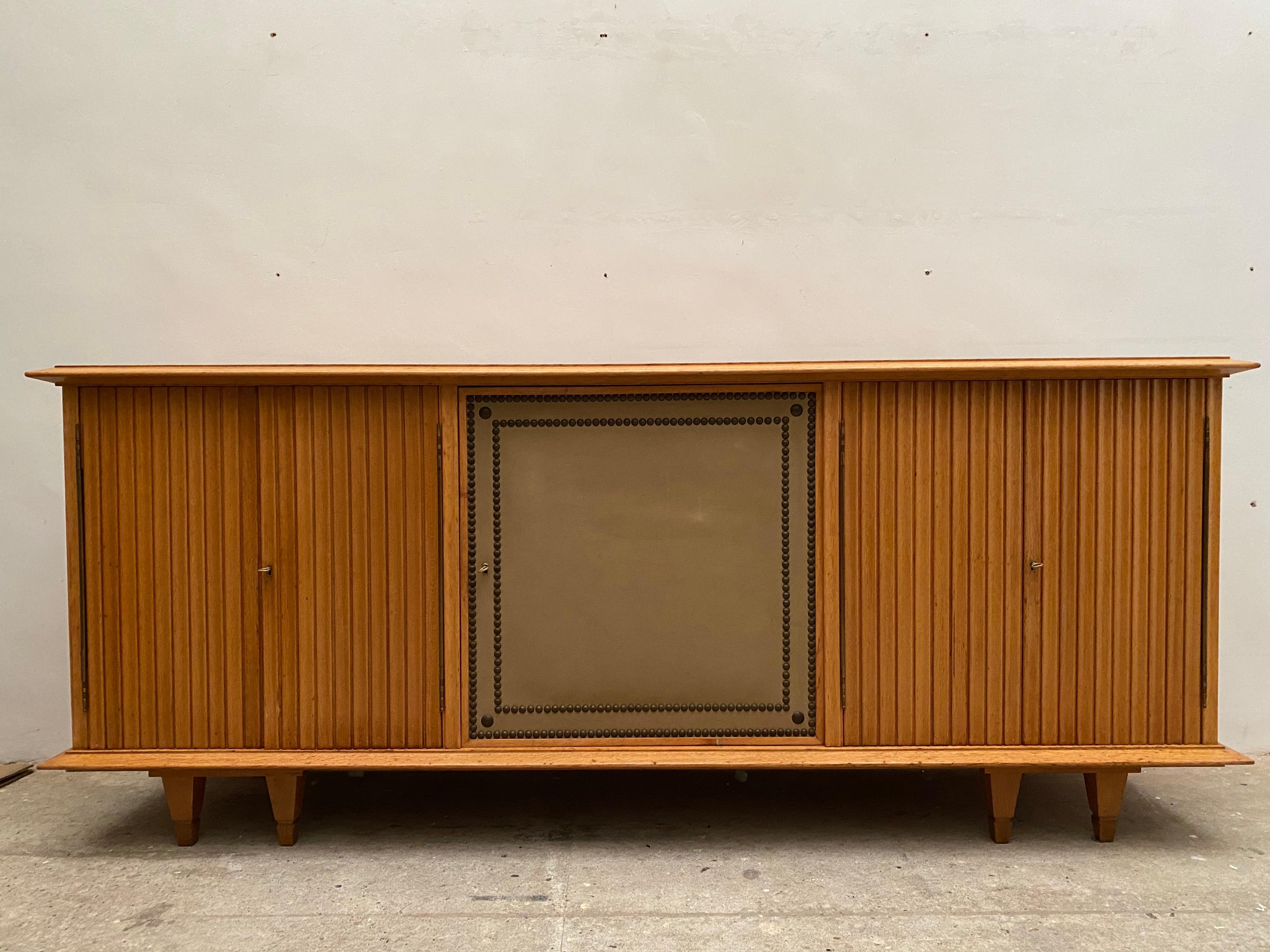 Hand-Crafted Brutalist Large Sideboard with Slatted Front 1940s De Coene, Belgium For Sale
