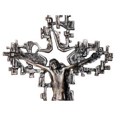 Brutalist largesize crucifix jesus design vintage bronzed metalwork in years '60
