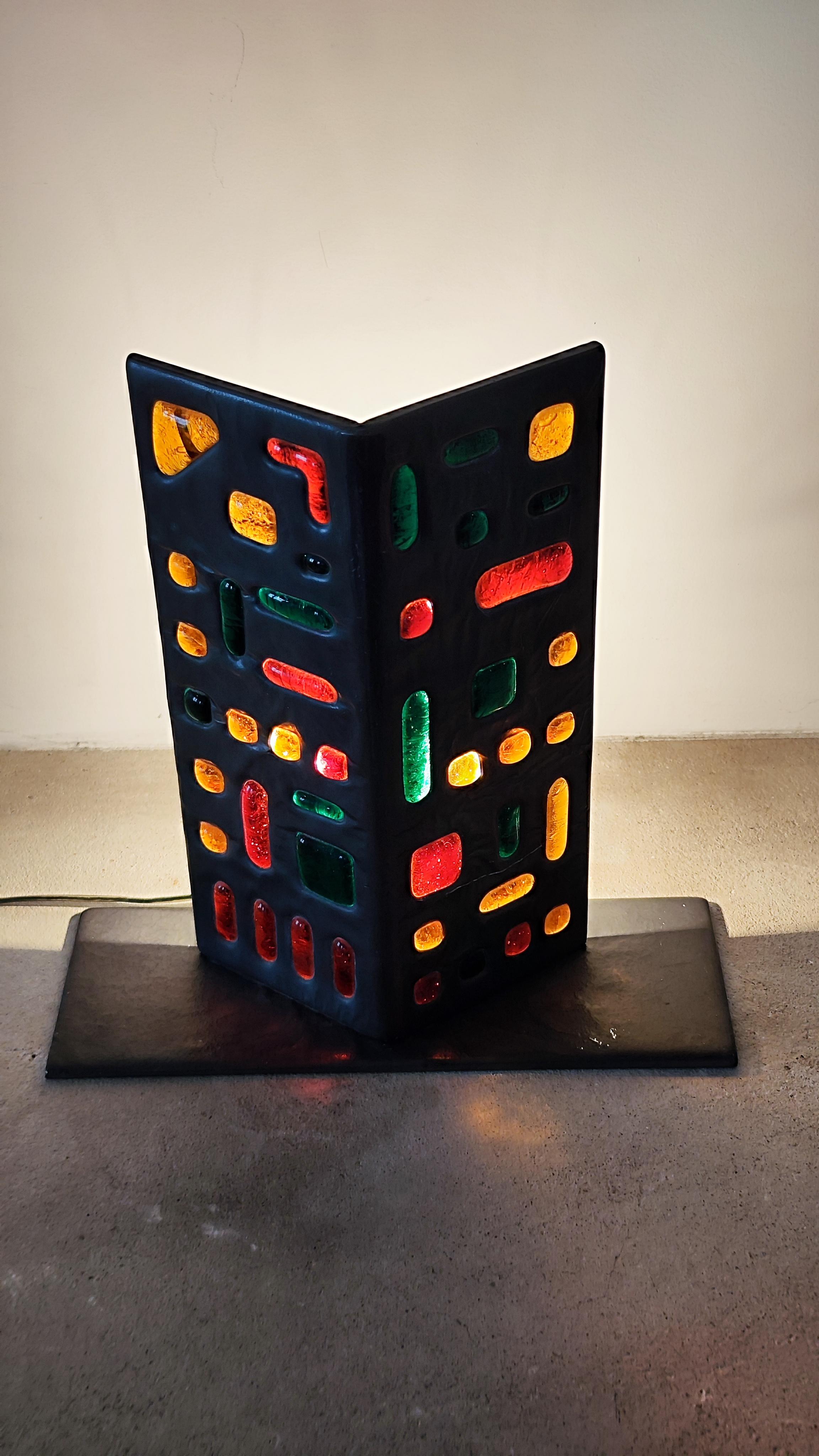 Glass Brutalist lead and glass lamp - 1950s - Jacques Avoinet - France