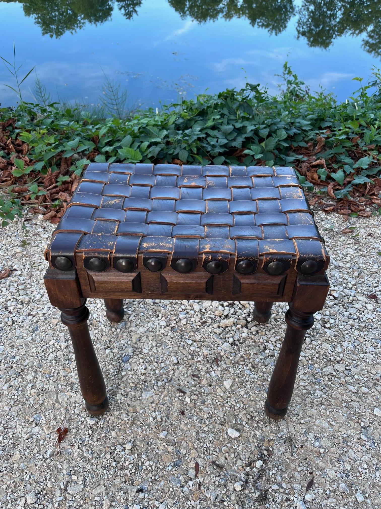 Brutalist Leather and Carved Oak Stool For Sale 4