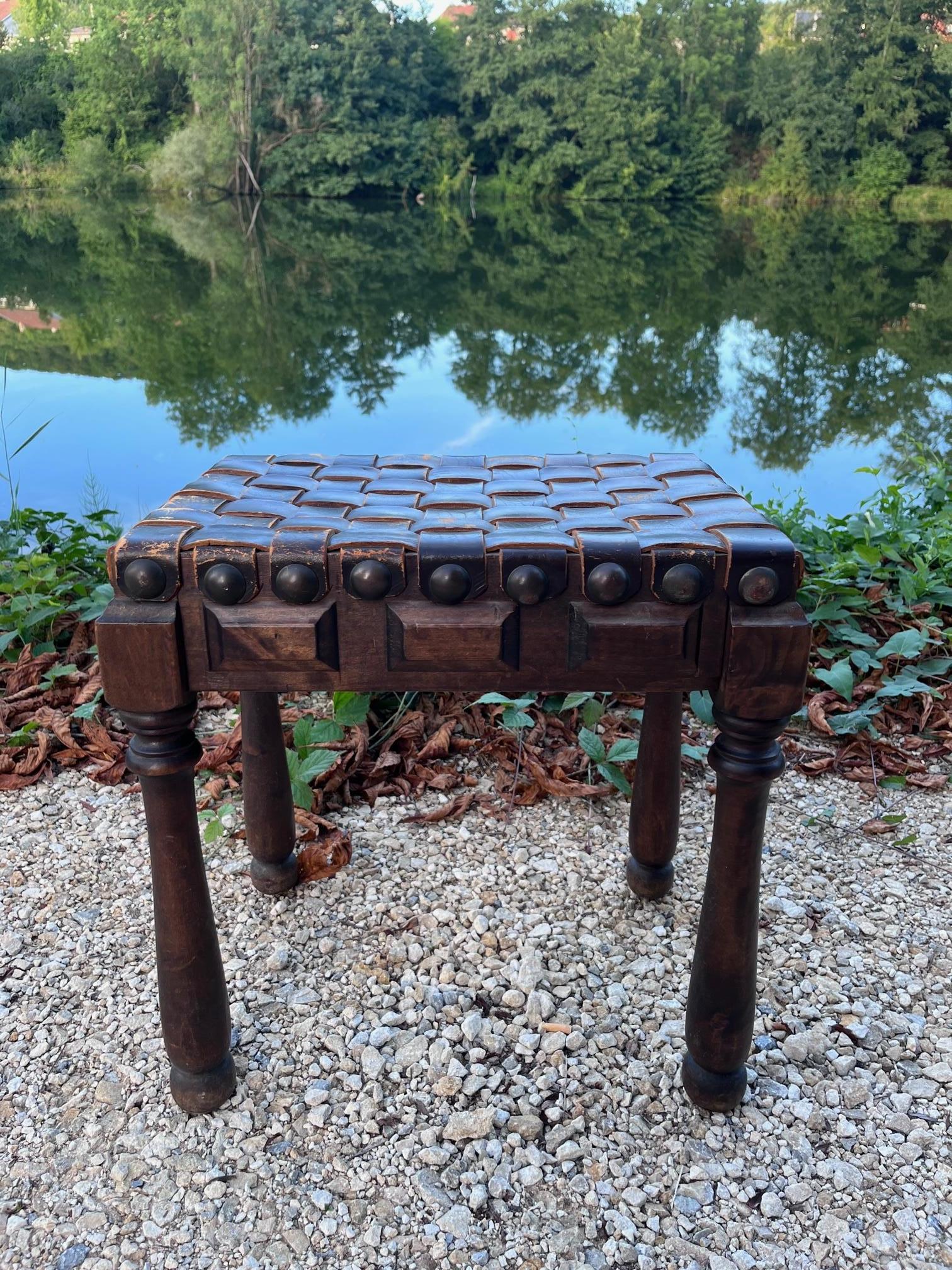 Mid-Century Modern Brutalist Leather and Carved Oak Stool For Sale