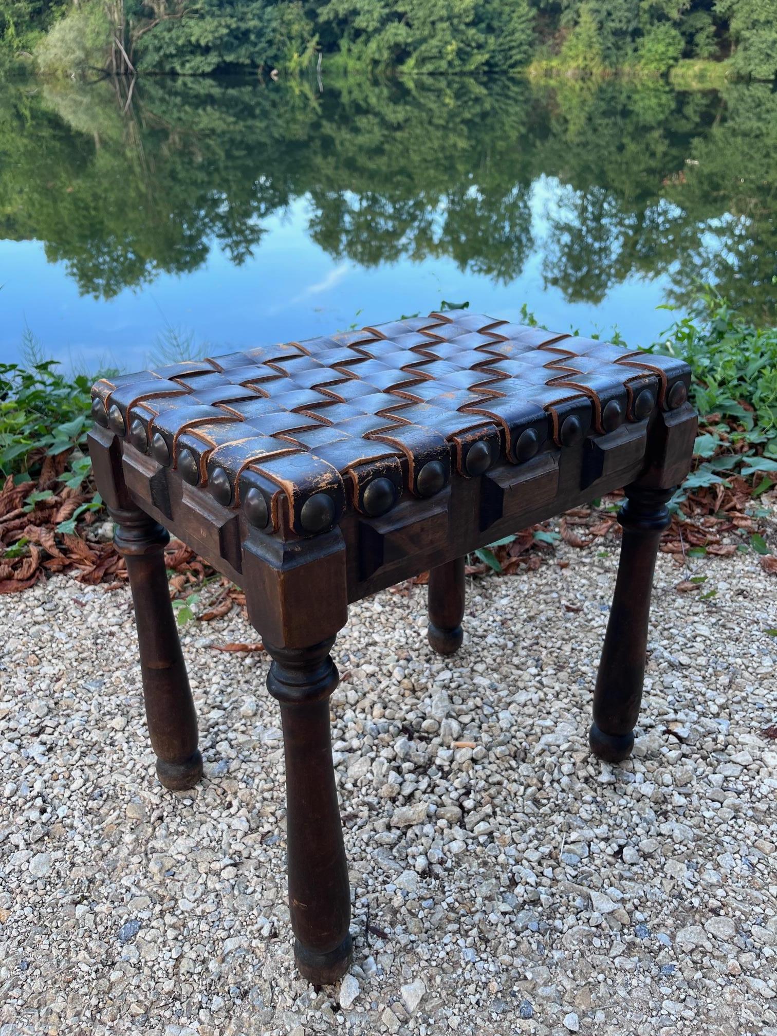 French Brutalist Leather and Carved Oak Stool For Sale