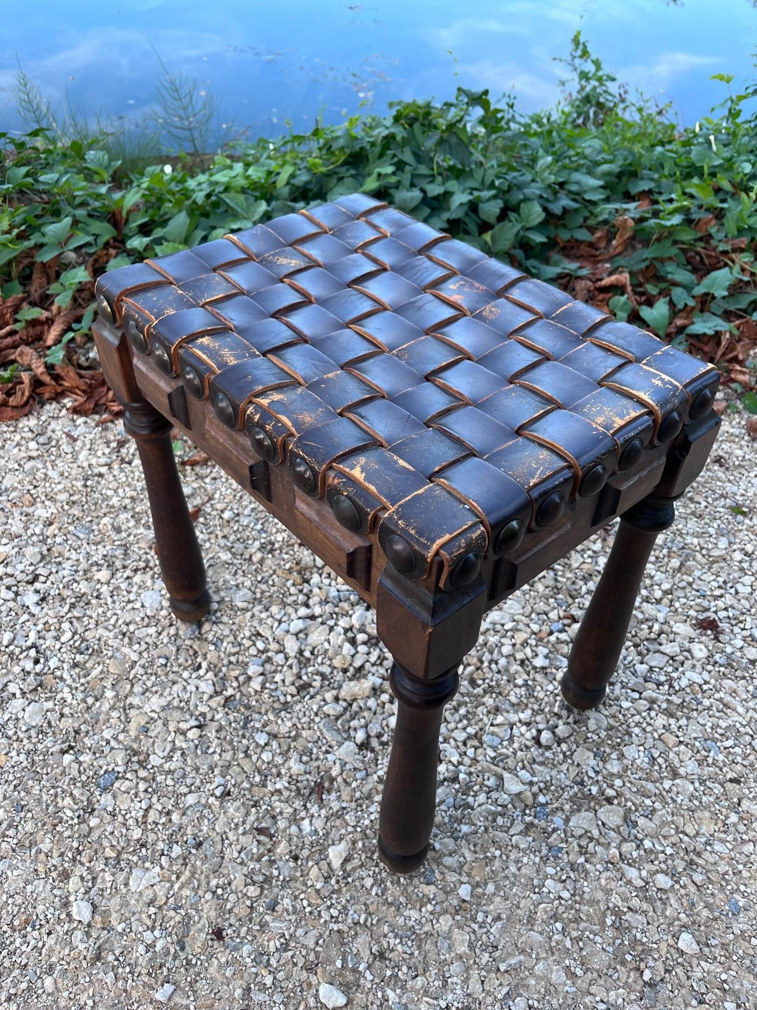 Brutalist Leather and Carved Oak Stool For Sale 1