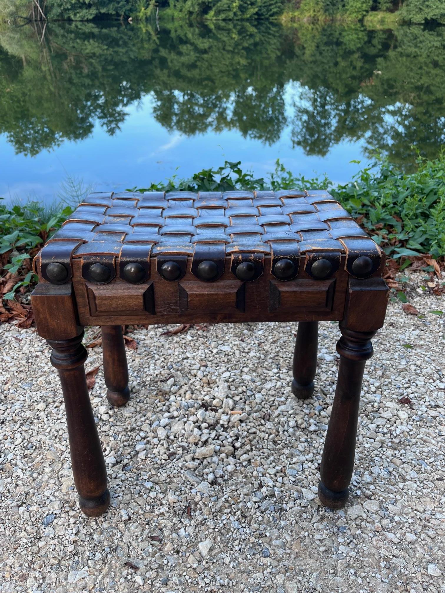 Brutalist Leather and Carved Oak Stool For Sale 2