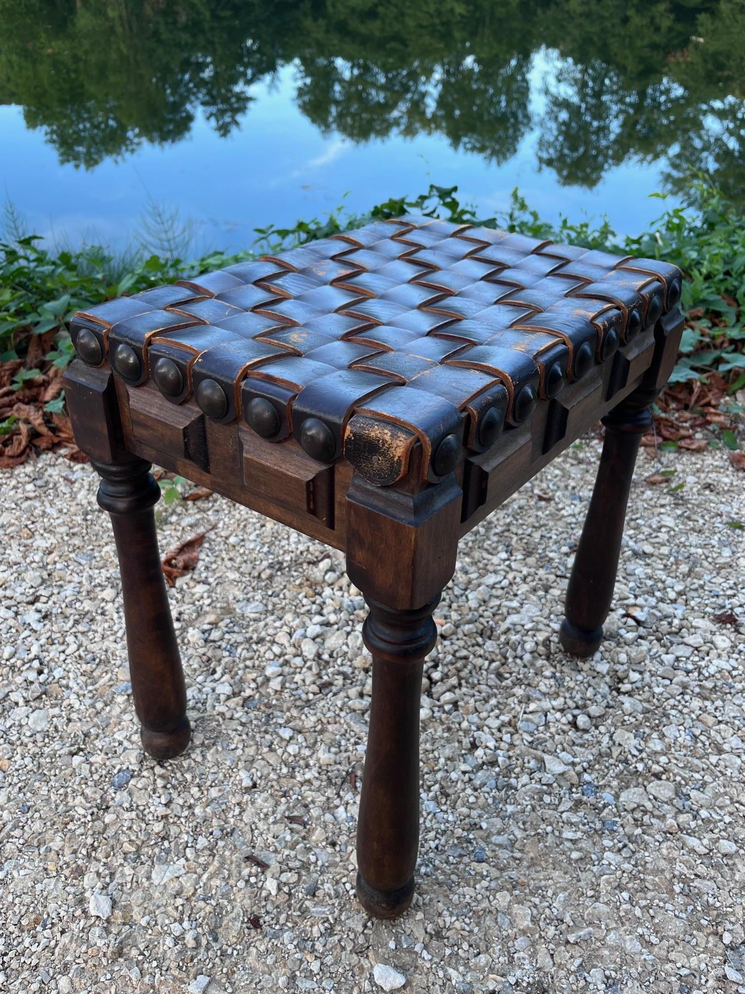 Brutalist Leather and Carved Oak Stool For Sale 3