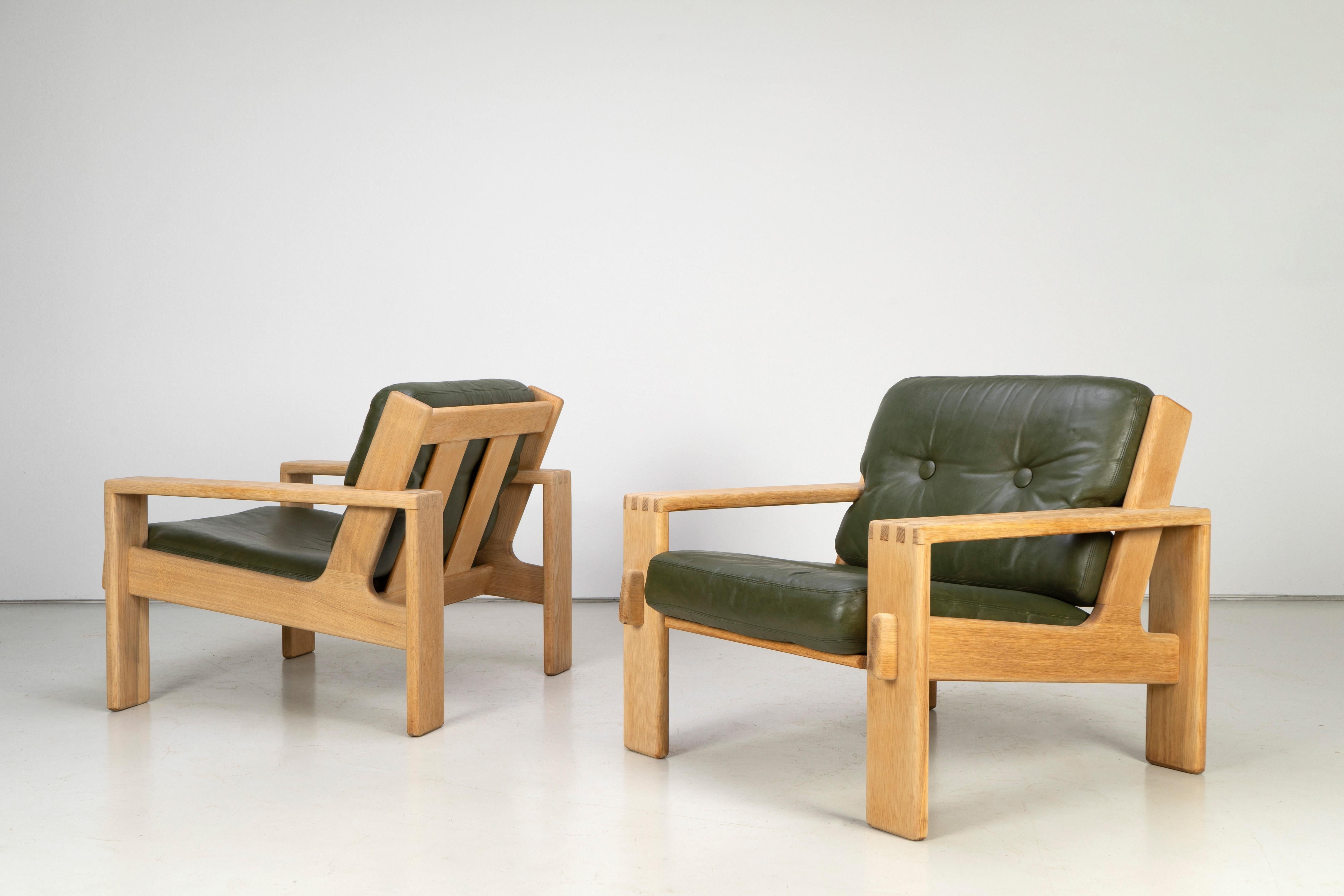 Brutalist Leather and Oak Lounge Chairs, Asko, 1960s 5