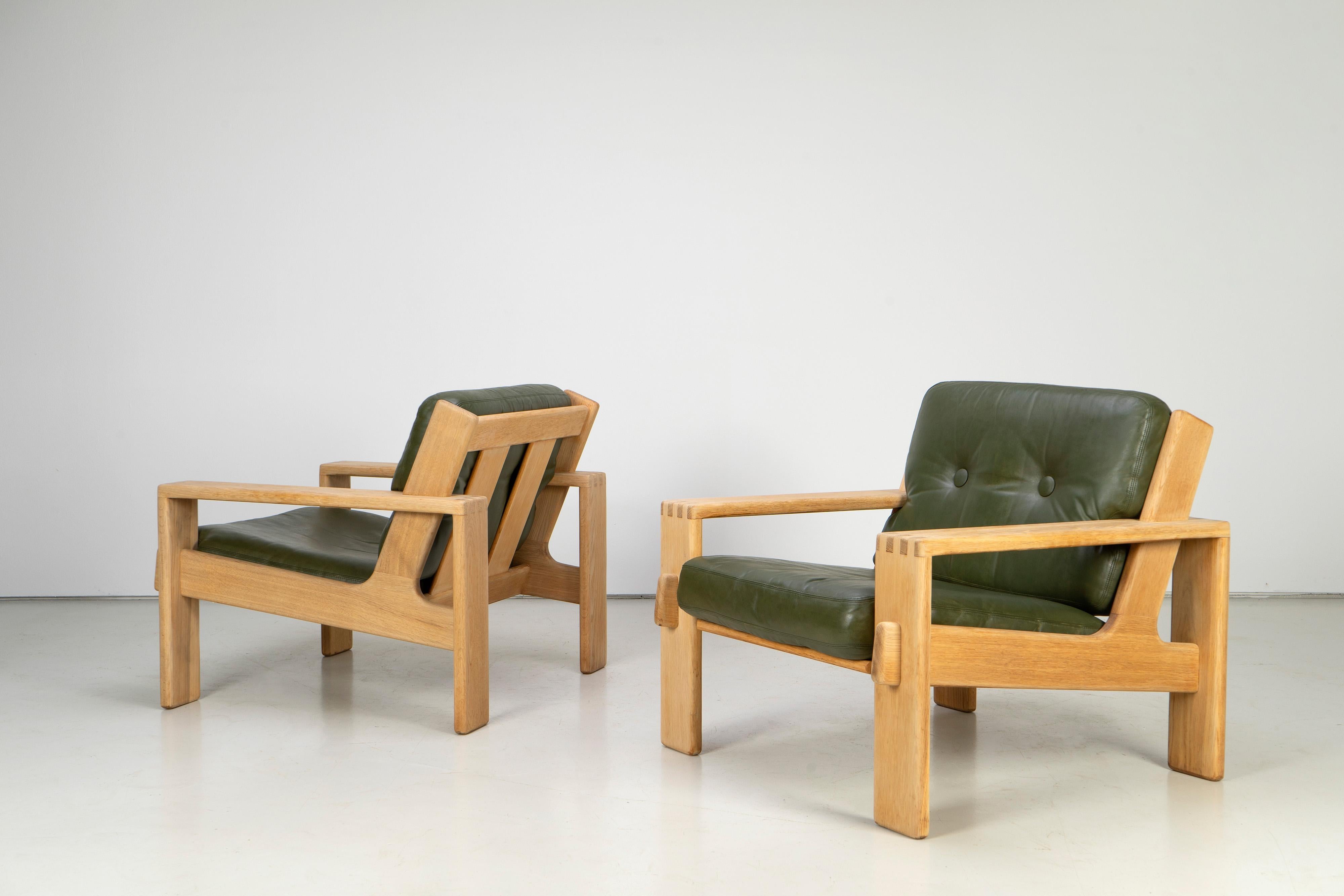 Brutalist Leather and Oak Lounge Chairs, Asko, 1960s 10
