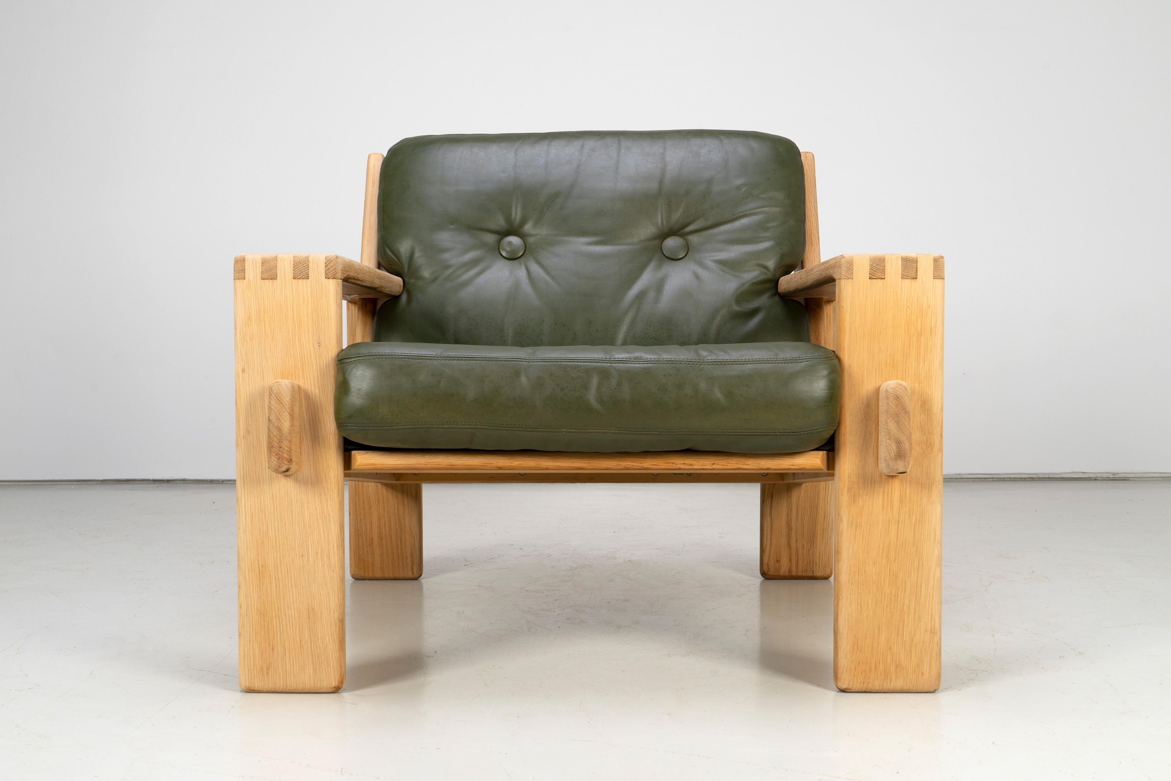 Mid-Century Modern Brutalist Leather and Oak Lounge Chairs, Asko, 1960s