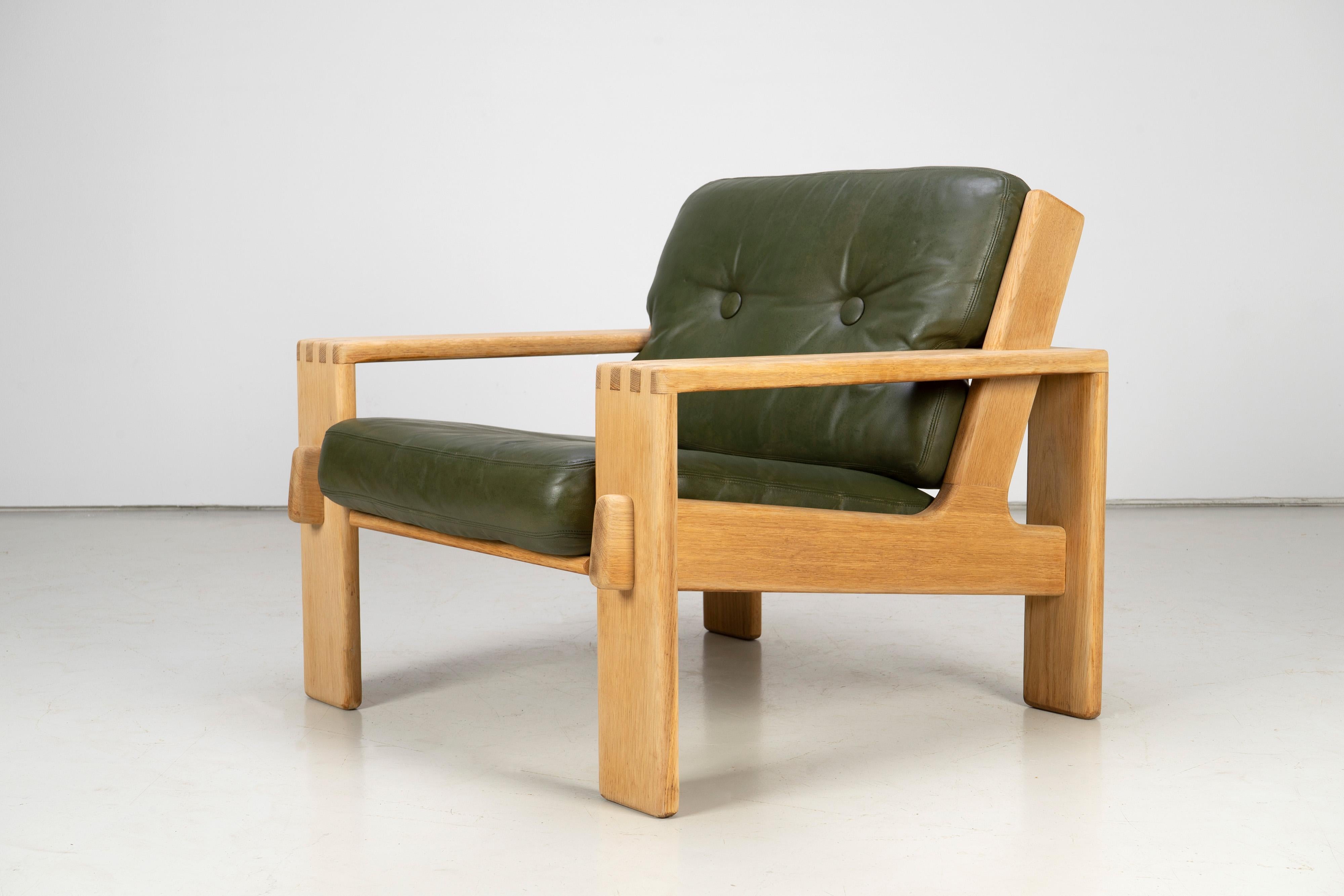 20th Century Brutalist Leather and Oak Lounge Chairs, Asko, 1960s