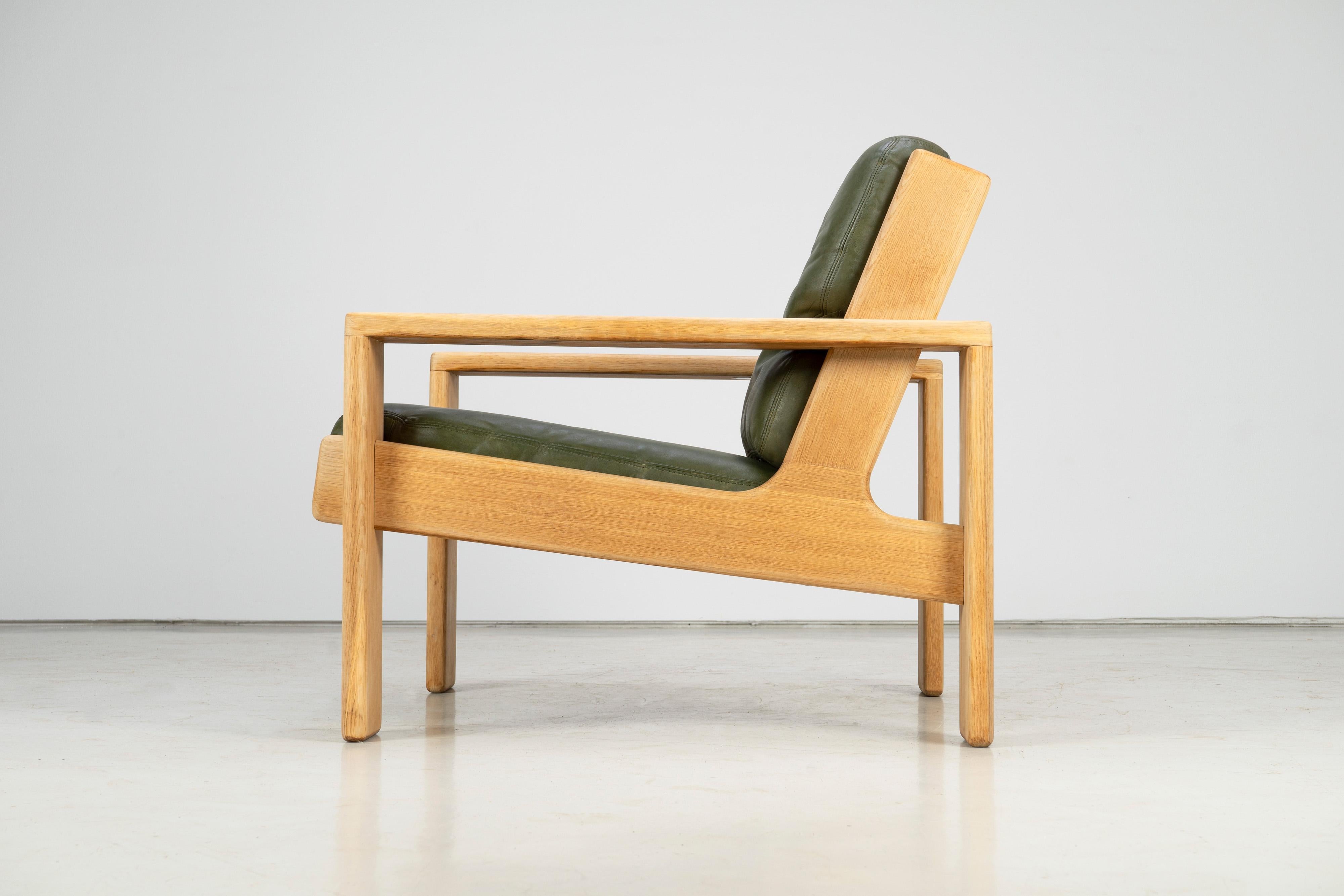 Brutalist Leather and Oak Lounge Chairs, Asko, 1960s 2
