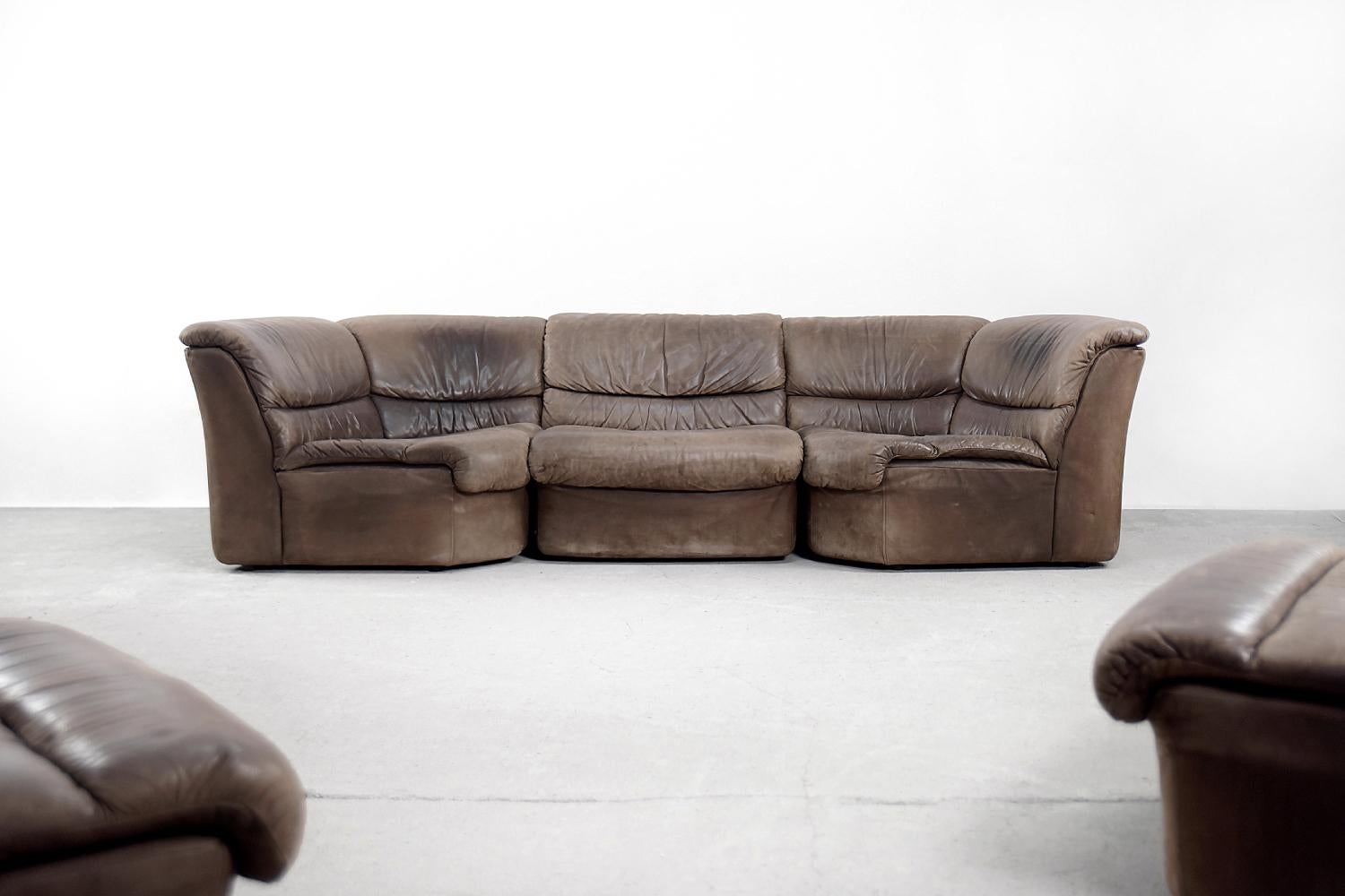 German Vintage Brutalist Brown Leather Modular Corner Sofa by  Musterring International