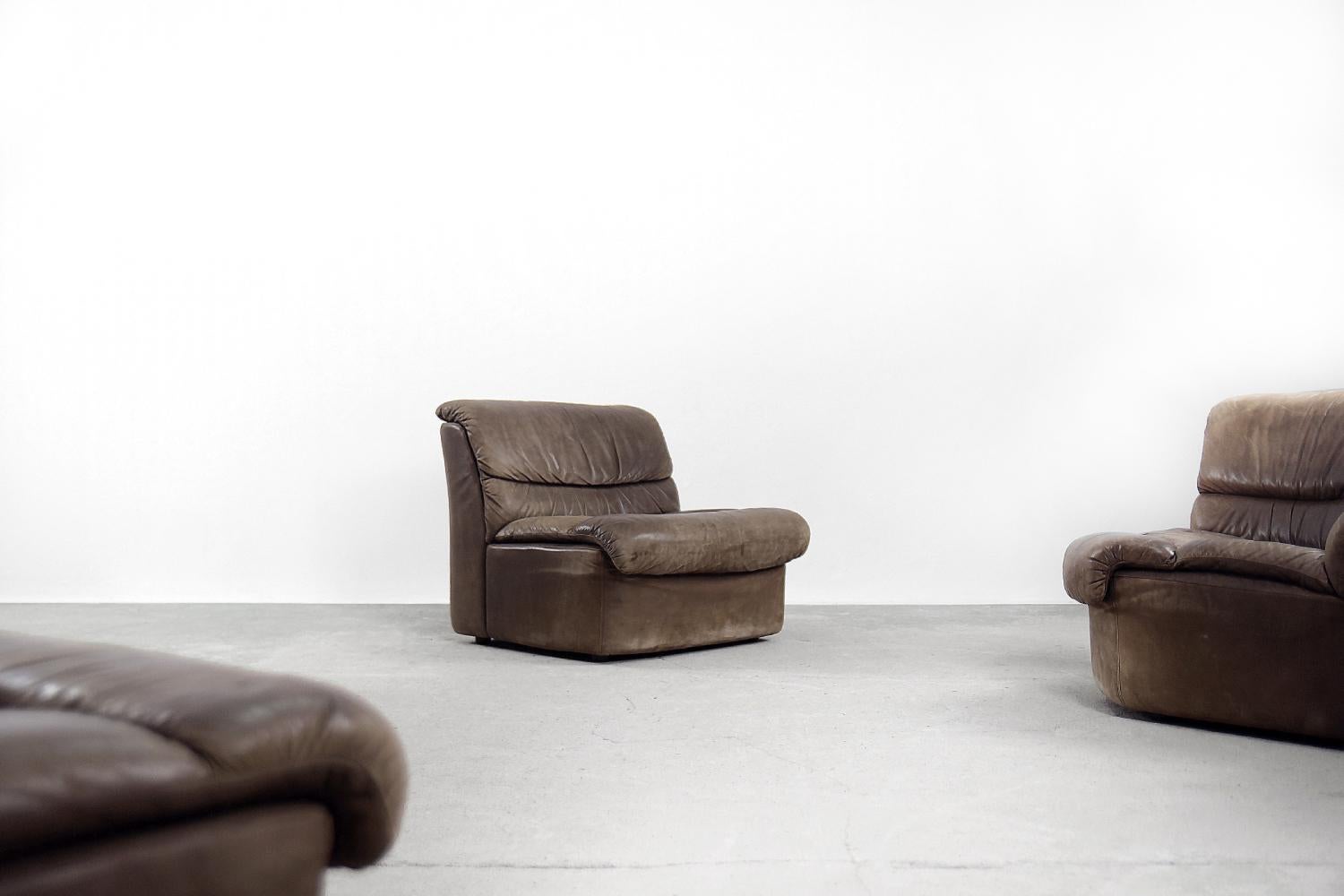Mid-20th Century Vintage Brutalist Brown Leather Modular Corner Sofa by  Musterring International