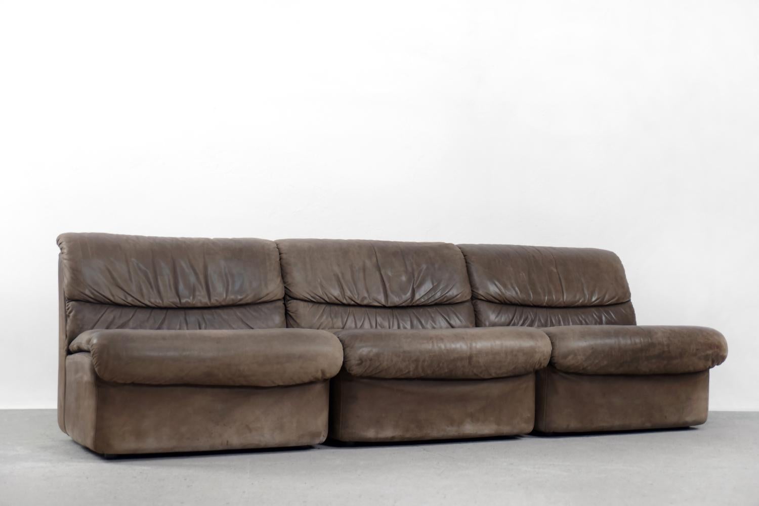 Vintage Brutalist Brown Leather Modular Corner Sofa by  Musterring International 2