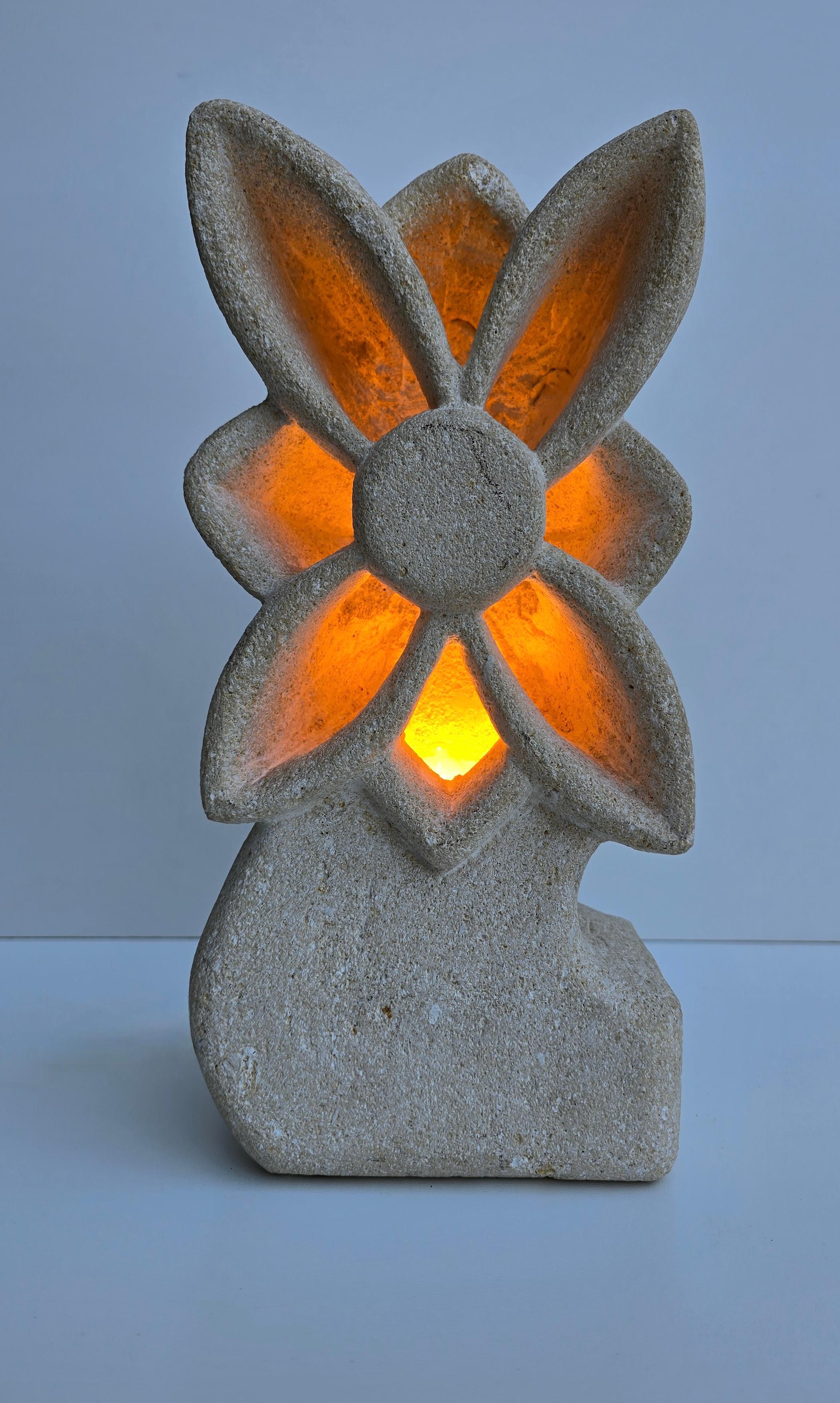 Mid-Century Modern Brutalist Limestone Flower Lamp, France, 1970s — in the style of Albert Tormos For Sale