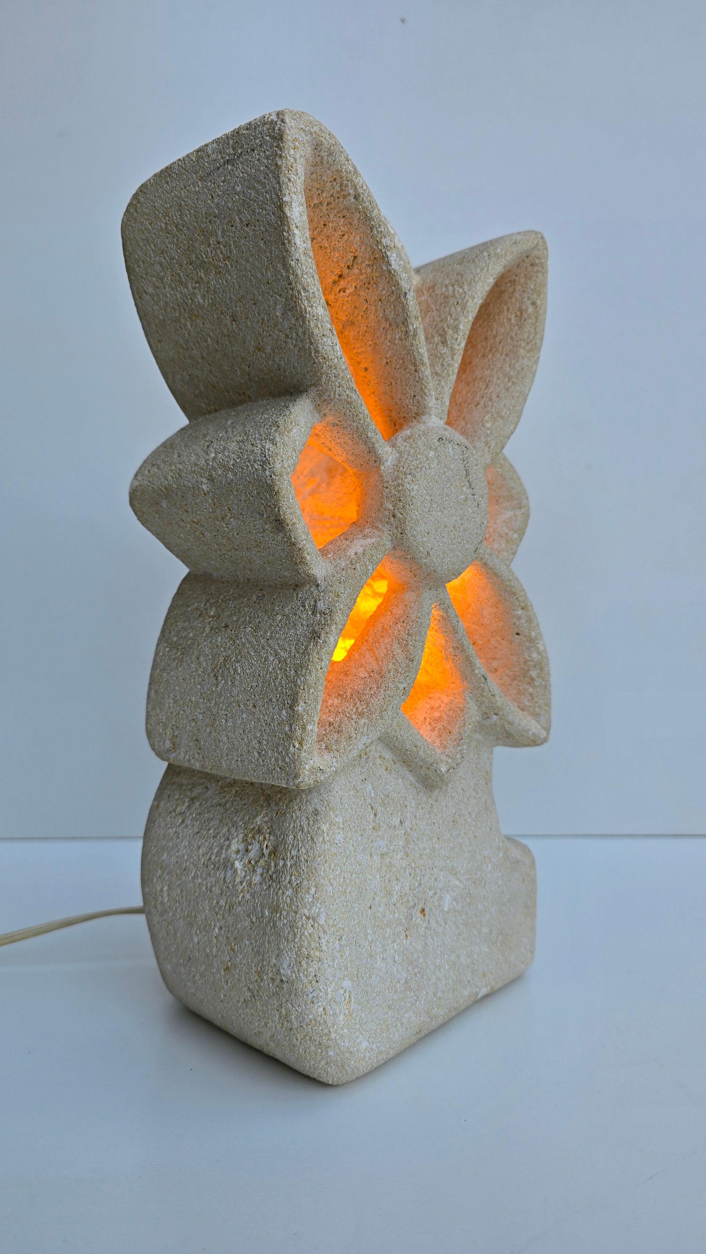 20th Century Brutalist Limestone Flower Lamp, France, 1970s — in the style of Albert Tormos For Sale