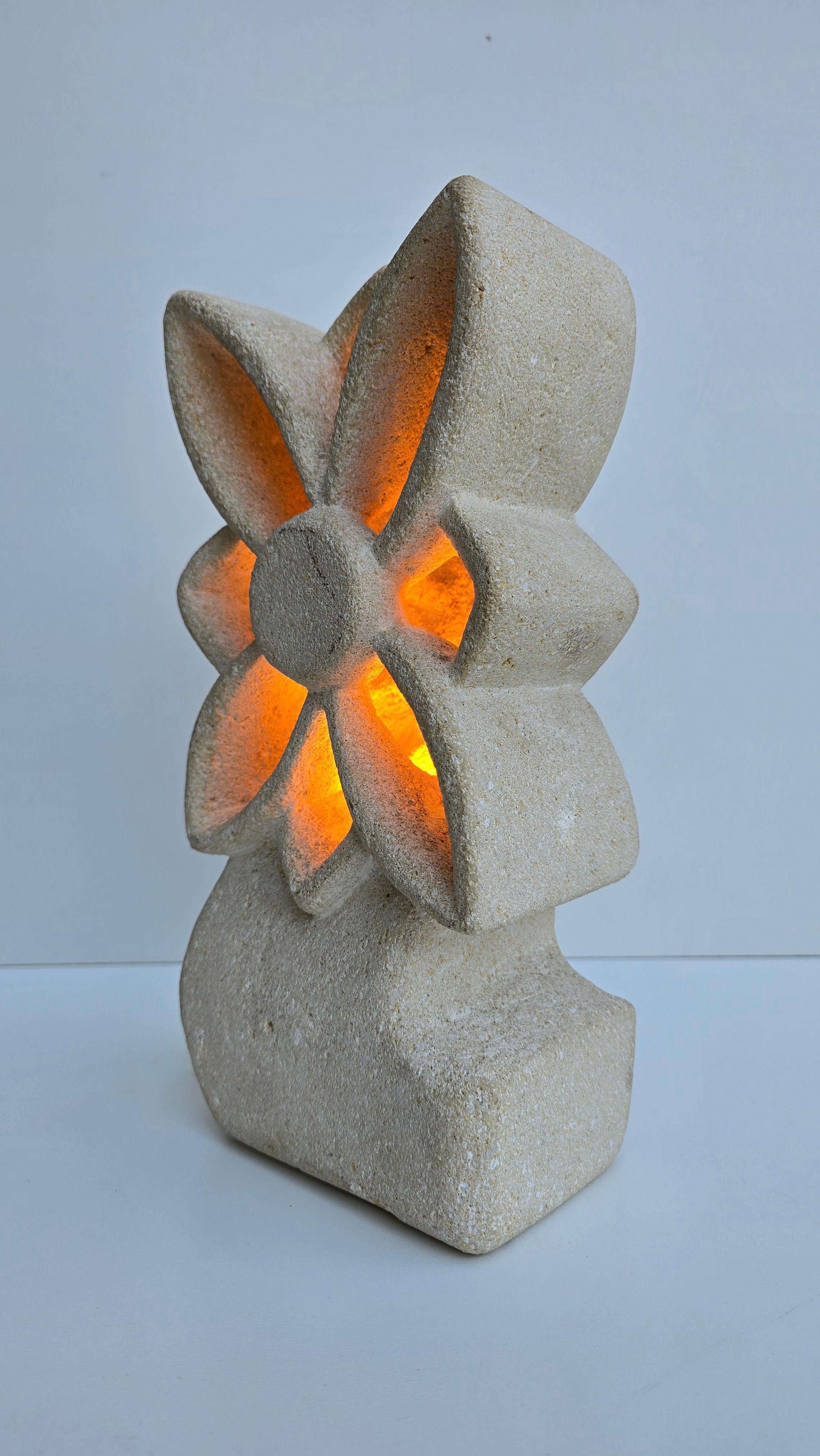 Stone Brutalist Limestone Flower Lamp, France, 1970s — in the style of Albert Tormos For Sale
