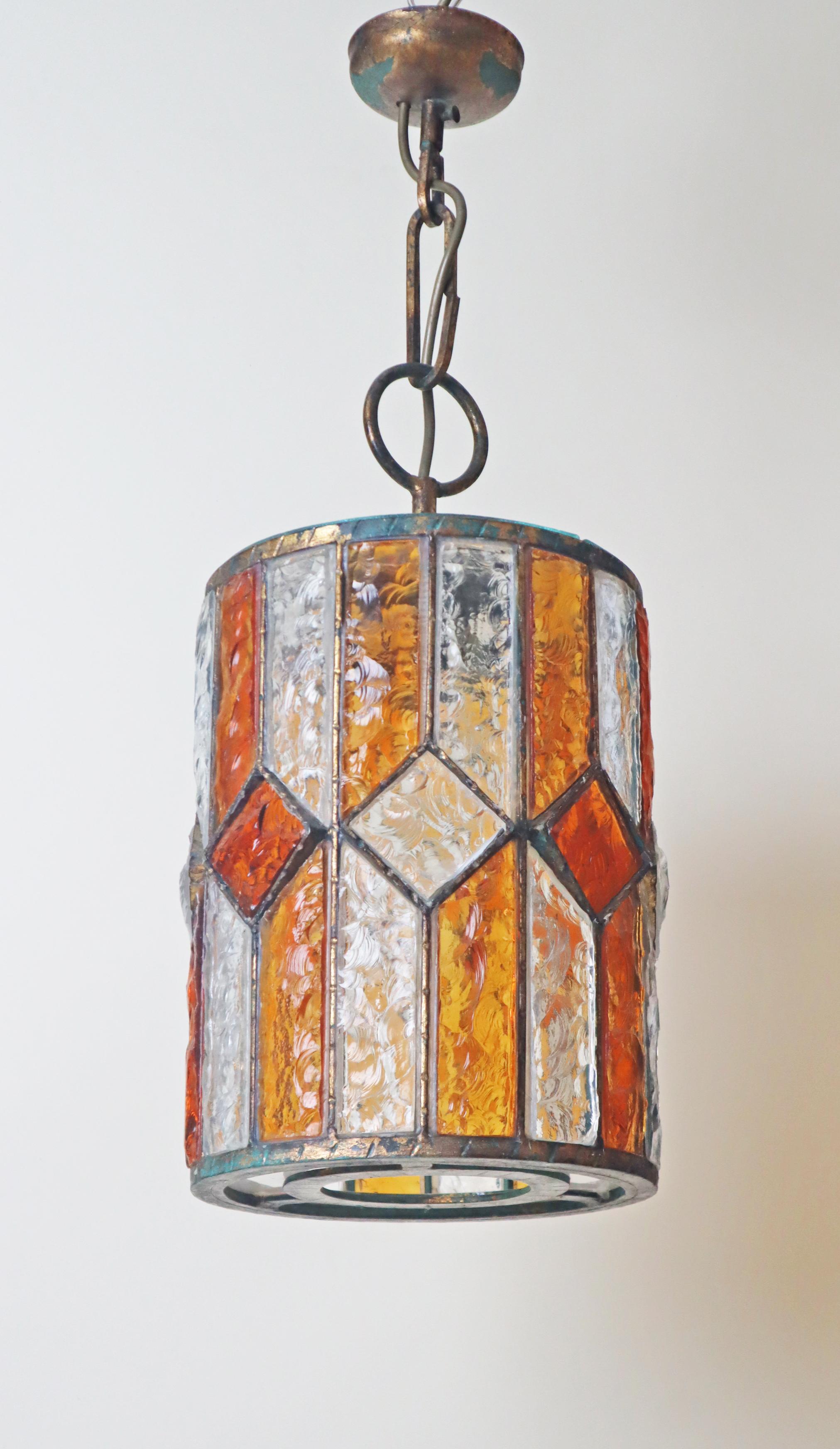 Brutalist Longboard Hanging Lantern Hammered Glass by Poliarte, Italy 1960s For Sale 4