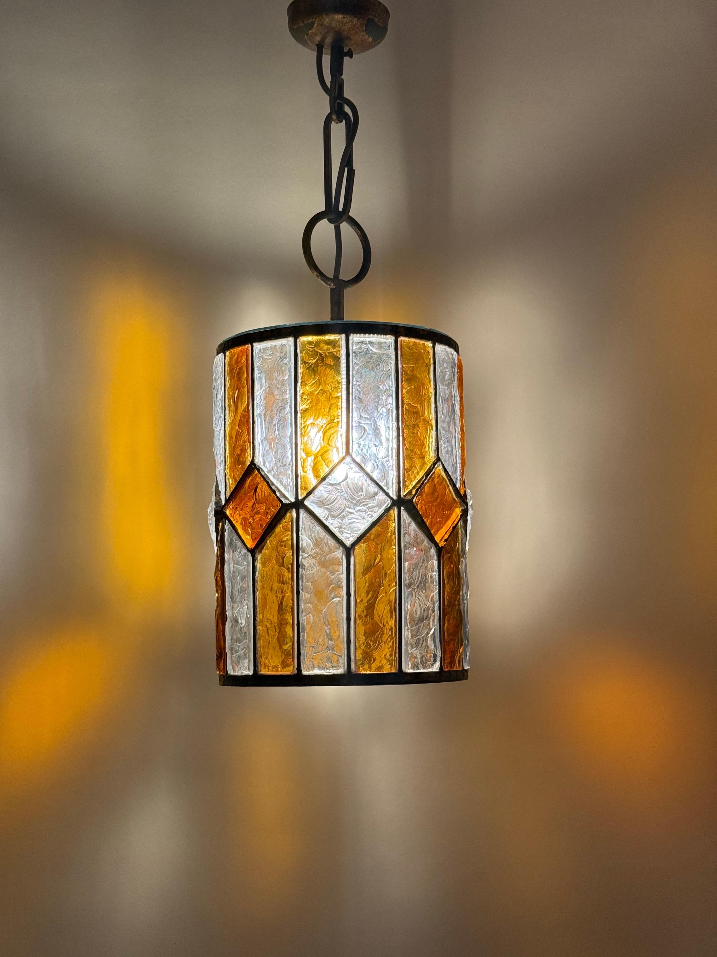 Brutalist Longboard Hanging Lantern Hammered Glass by Poliarte, Italy 1960s For Sale 7