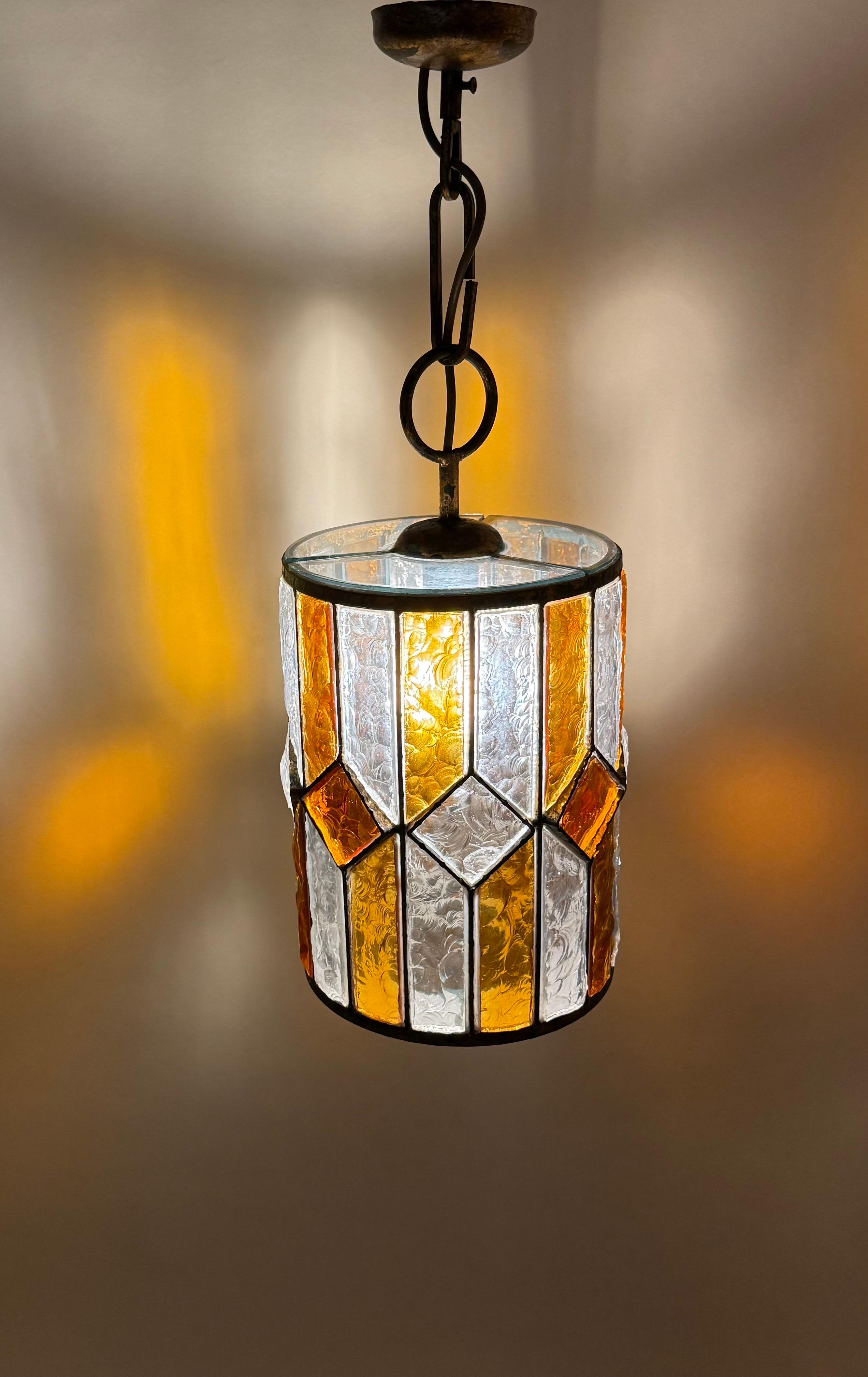 Brutalist Longboard Hanging Lantern Hammered Glass by Poliarte, Italy 1960s For Sale 8