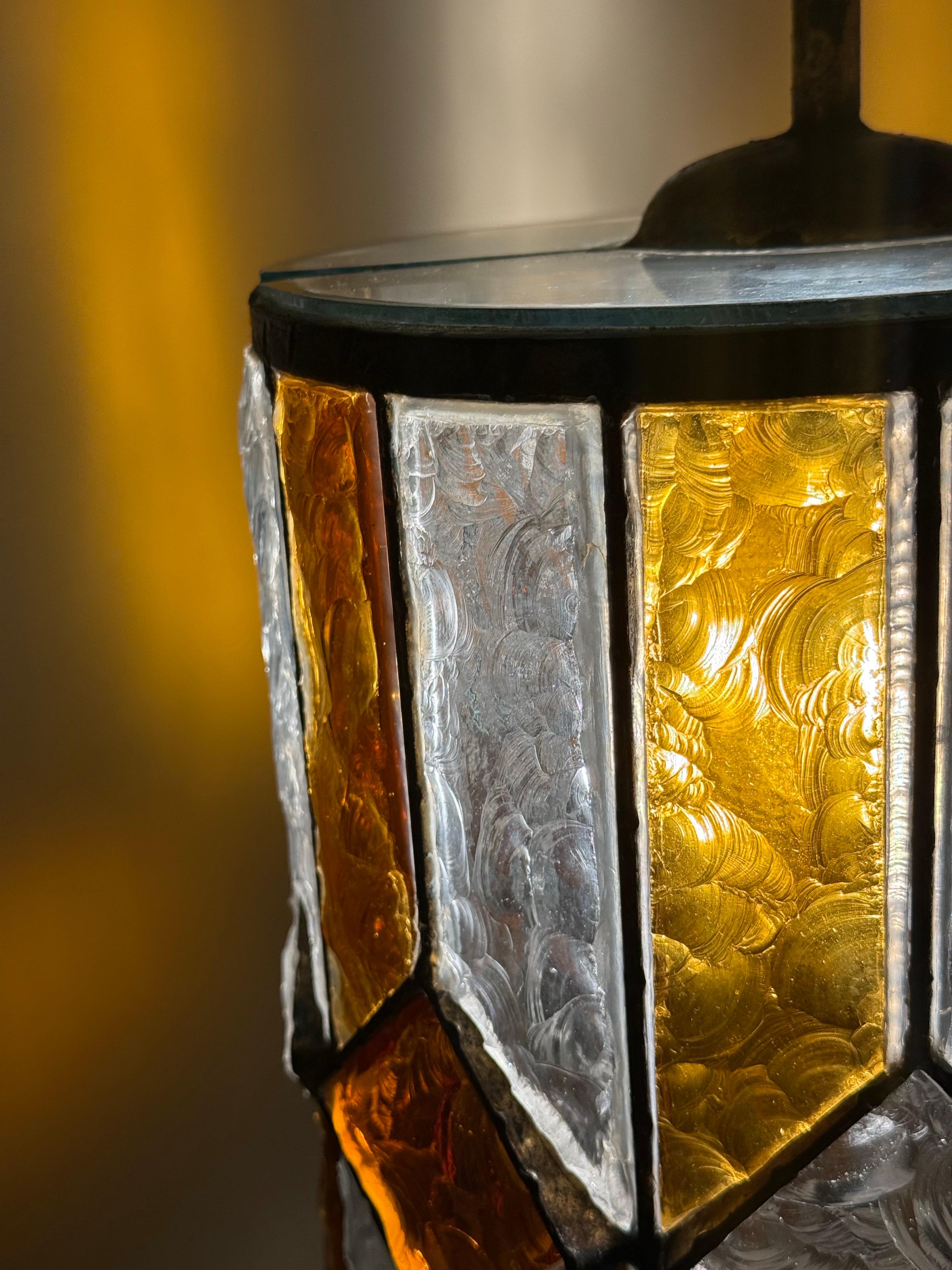 Brutalist Longboard Hanging Lantern Hammered Glass by Poliarte, Italy 1960s For Sale 10
