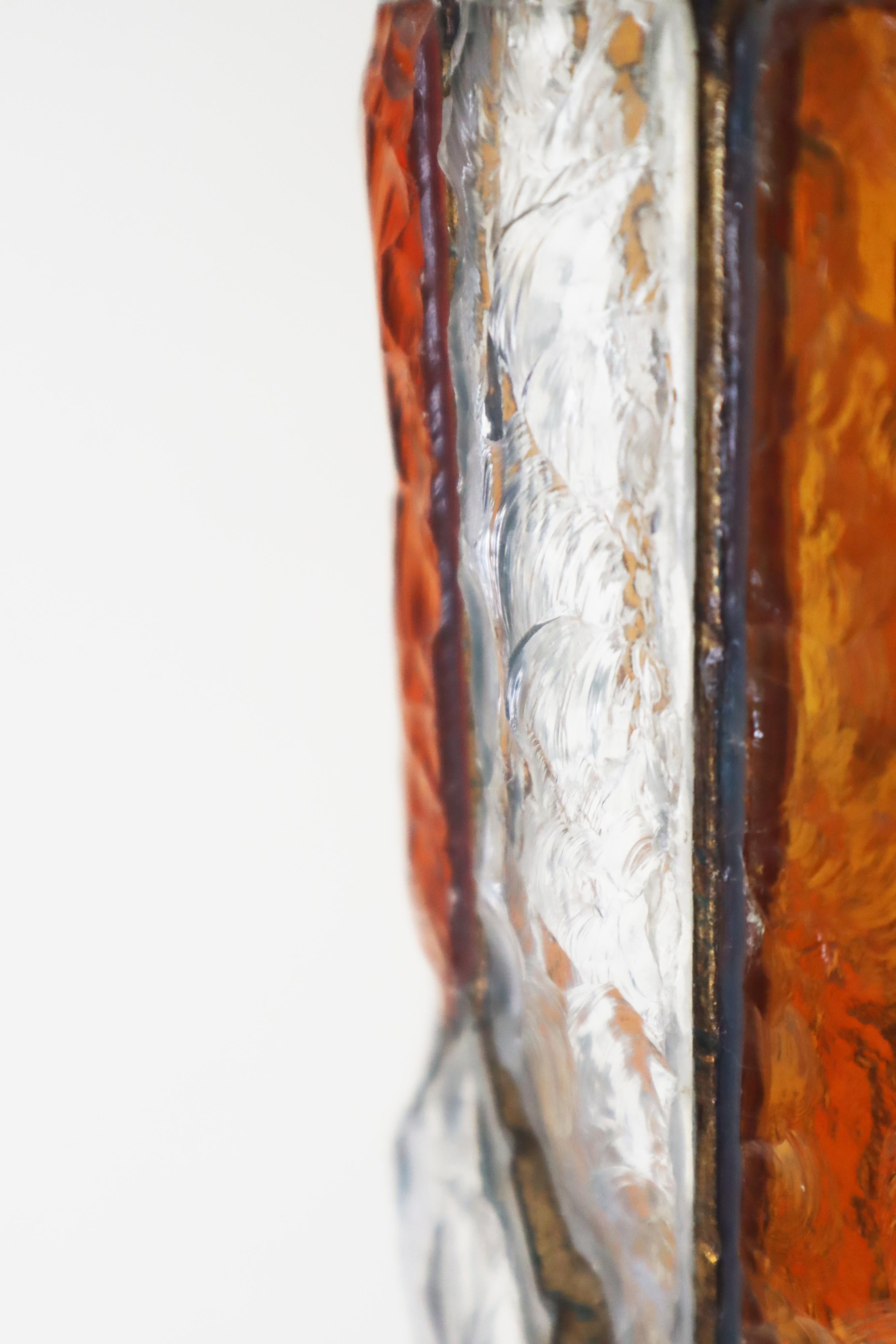 Italian Brutalist Longboard Hanging Lantern Hammered Glass by Poliarte, Italy 1960s For Sale
