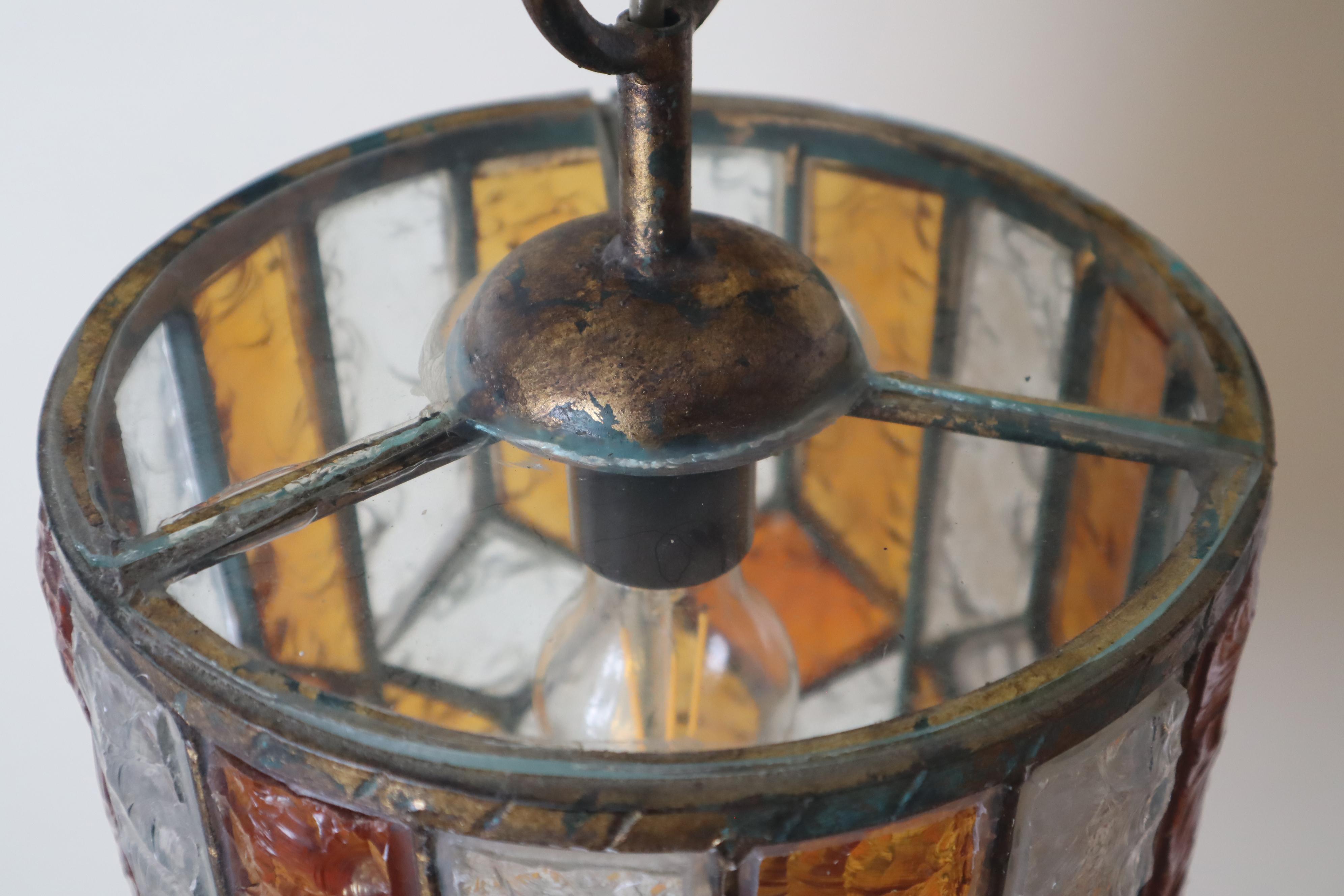 Murano Glass Brutalist Longboard Hanging Lantern Hammered Glass by Poliarte, Italy 1960s For Sale