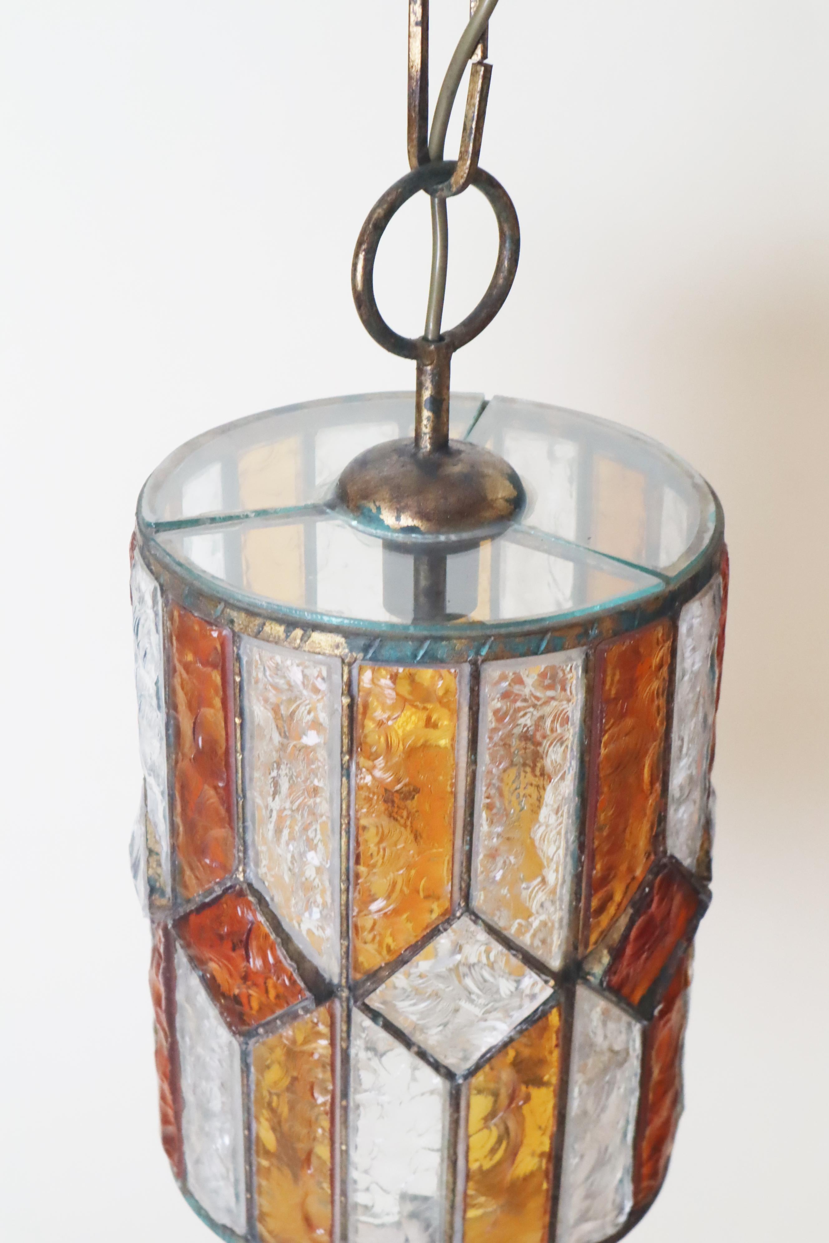 Brutalist Longboard Hanging Lantern Hammered Glass by Poliarte, Italy 1960s For Sale 1