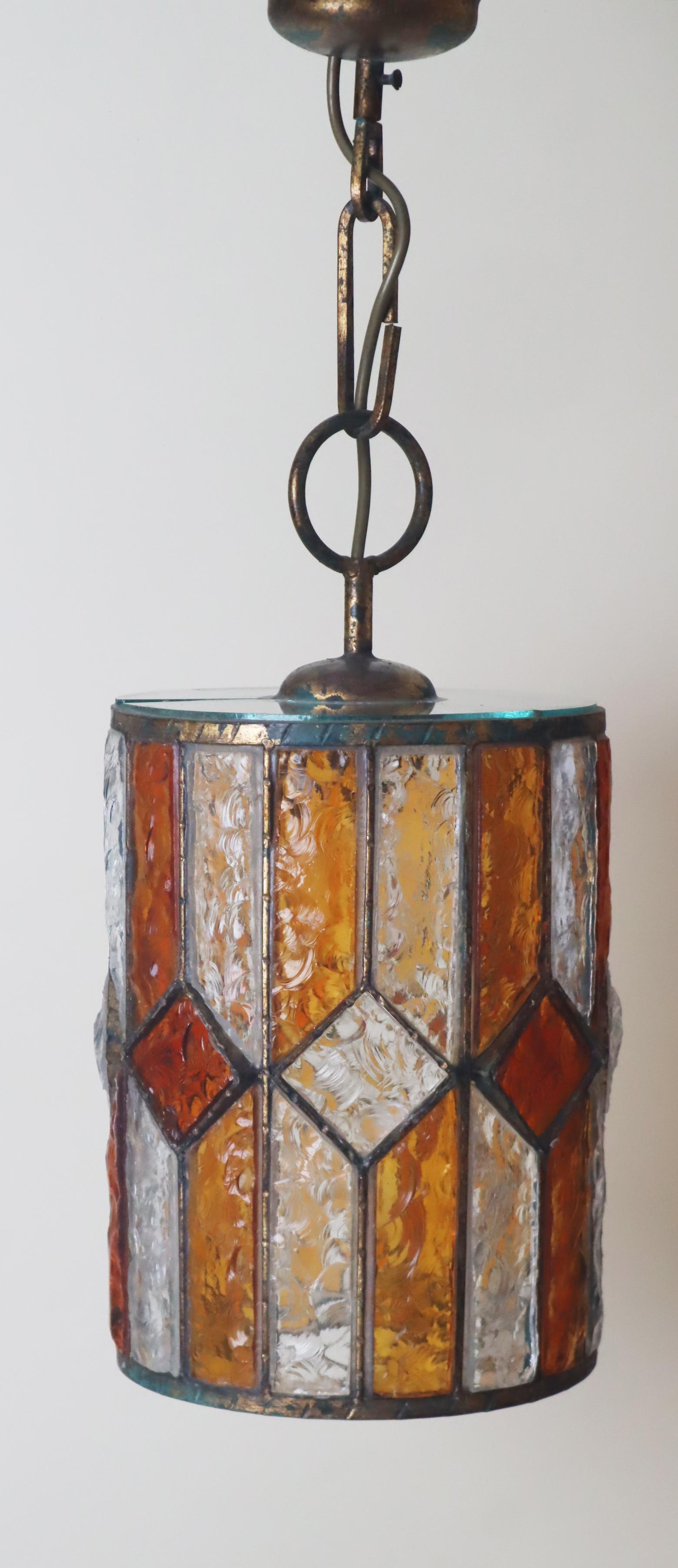 Brutalist Longboard Hanging Lantern Hammered Glass by Poliarte, Italy 1960s For Sale 2