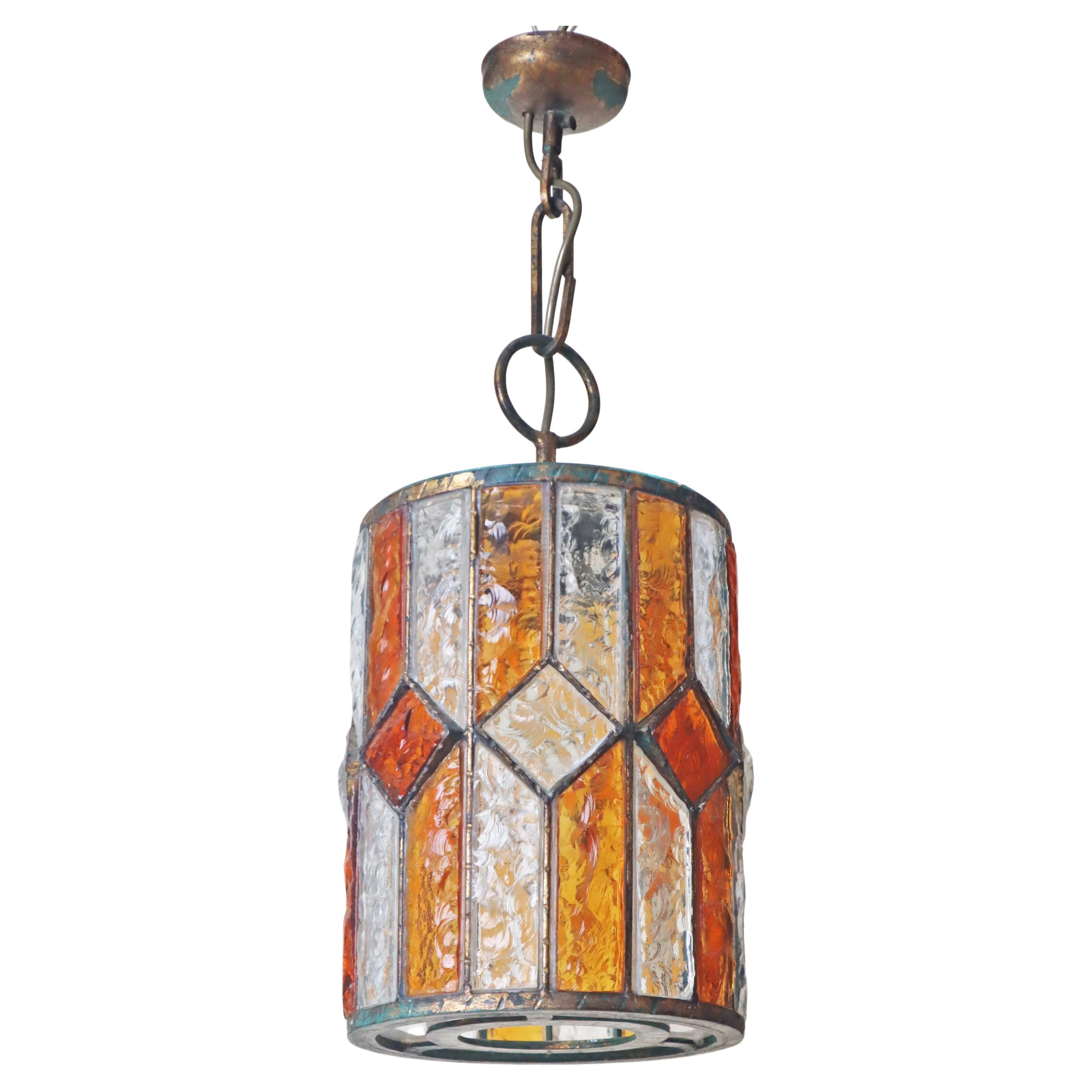 Brutalist Longboard Hanging Lantern Hammered Glass by Poliarte, Italy 1960s For Sale