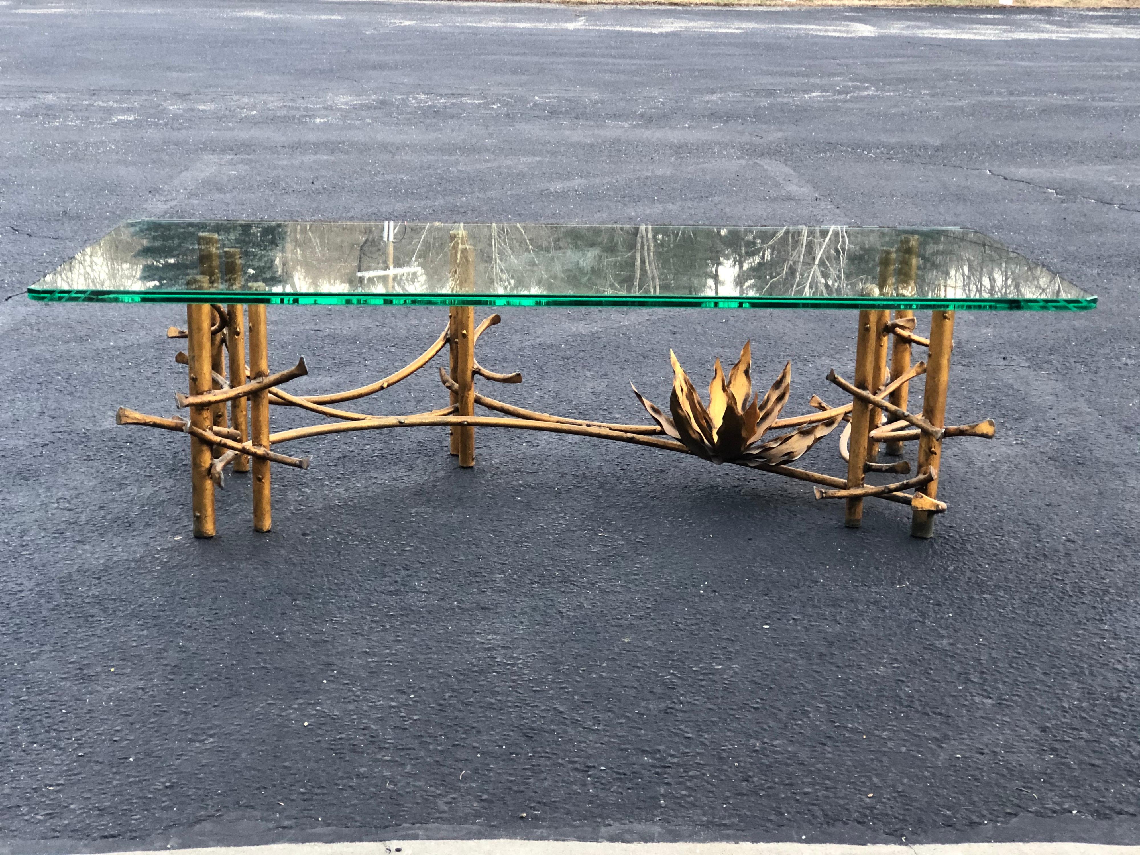 Brutalist Lotus coffee table by Manhattan Torch Artist Silas Seandel. Unique, one of a kind, piece of sculptural furniture. Very thick piece of Rectangular glass with scalloped edges sits on top of this. Two pieces for easy moving. We also have a