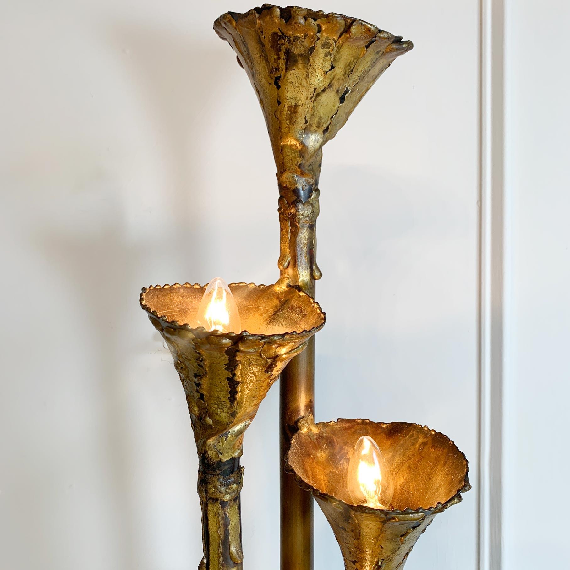 Hand-Crafted Brutalist Gold Lotus Torchiere Wall Light Tom Greene for Feldman 1970s For Sale