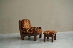 Brutalist Lounge Chair and Ottoman in Solid Oak and Velvet 1960s