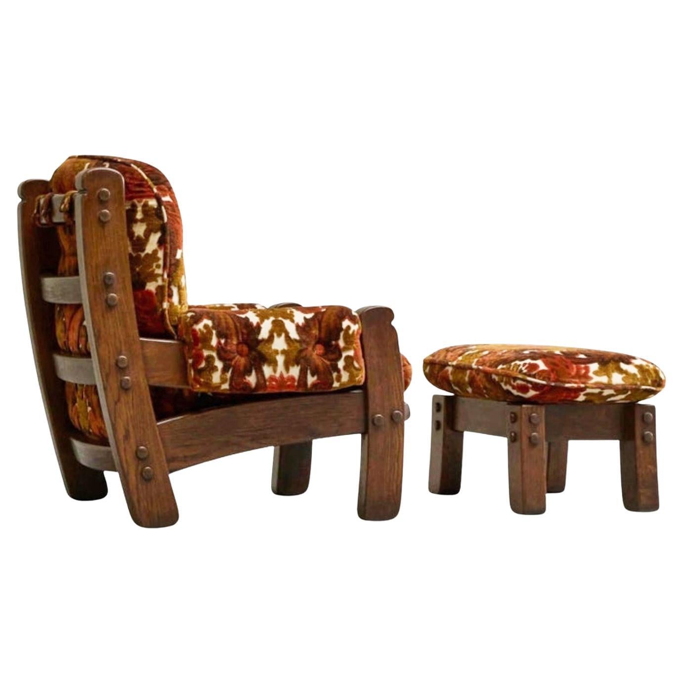 Brutalist Lounge Chair and Ottoman in Solid Oak and Velvet 1960s For Sale