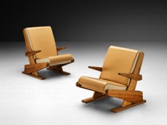 Brutalist Lounge Chair in Beige Camel Upholstery and Pine