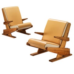 Brutalist Lounge Chair in Beige Camel Upholstery and Pine