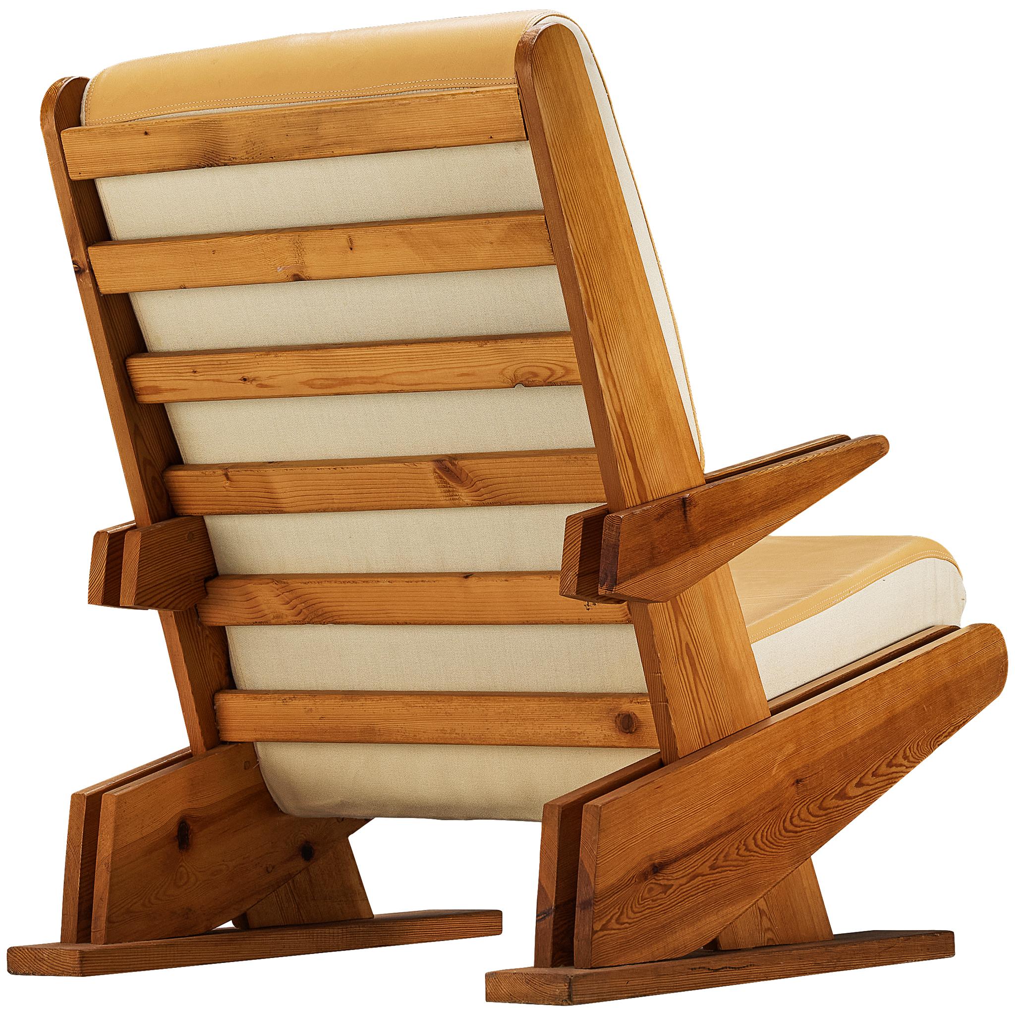 Brutalist Lounge Chair in Beige Camel Upholstery and Pine