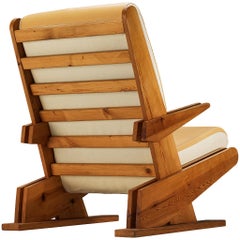Fauteuil de salon brutaliste en tissu beige camel et pin