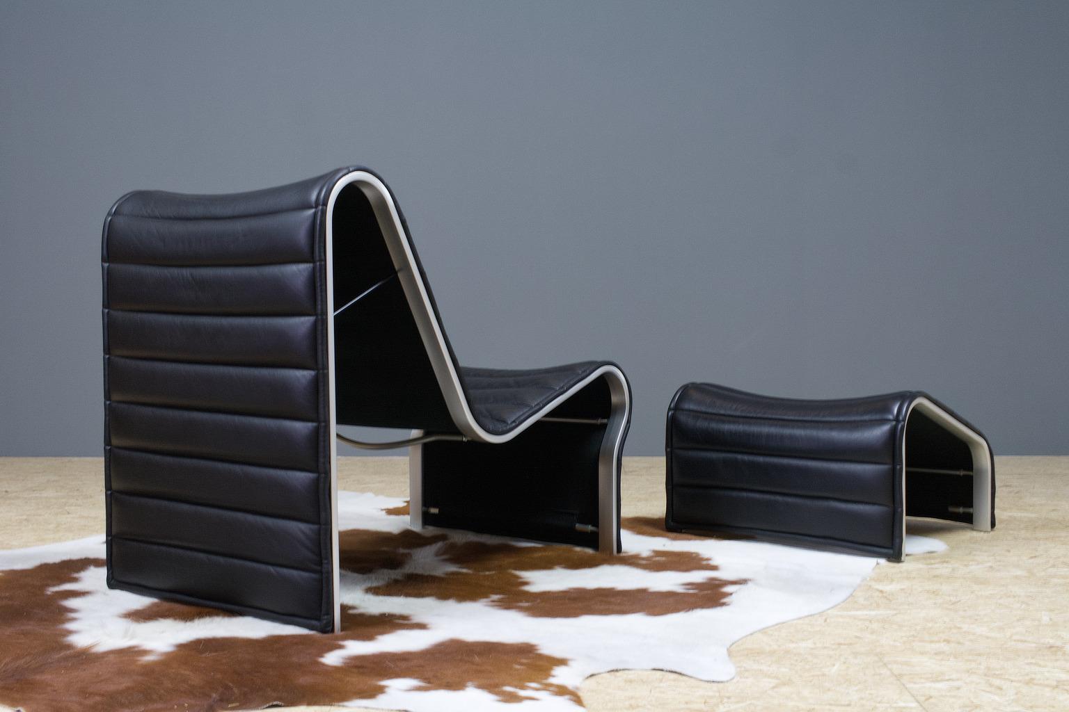 Mid-Century Modern Brutalist Lounge Chair in Black Leather with Ottoman by Eric Sigfrid Persson