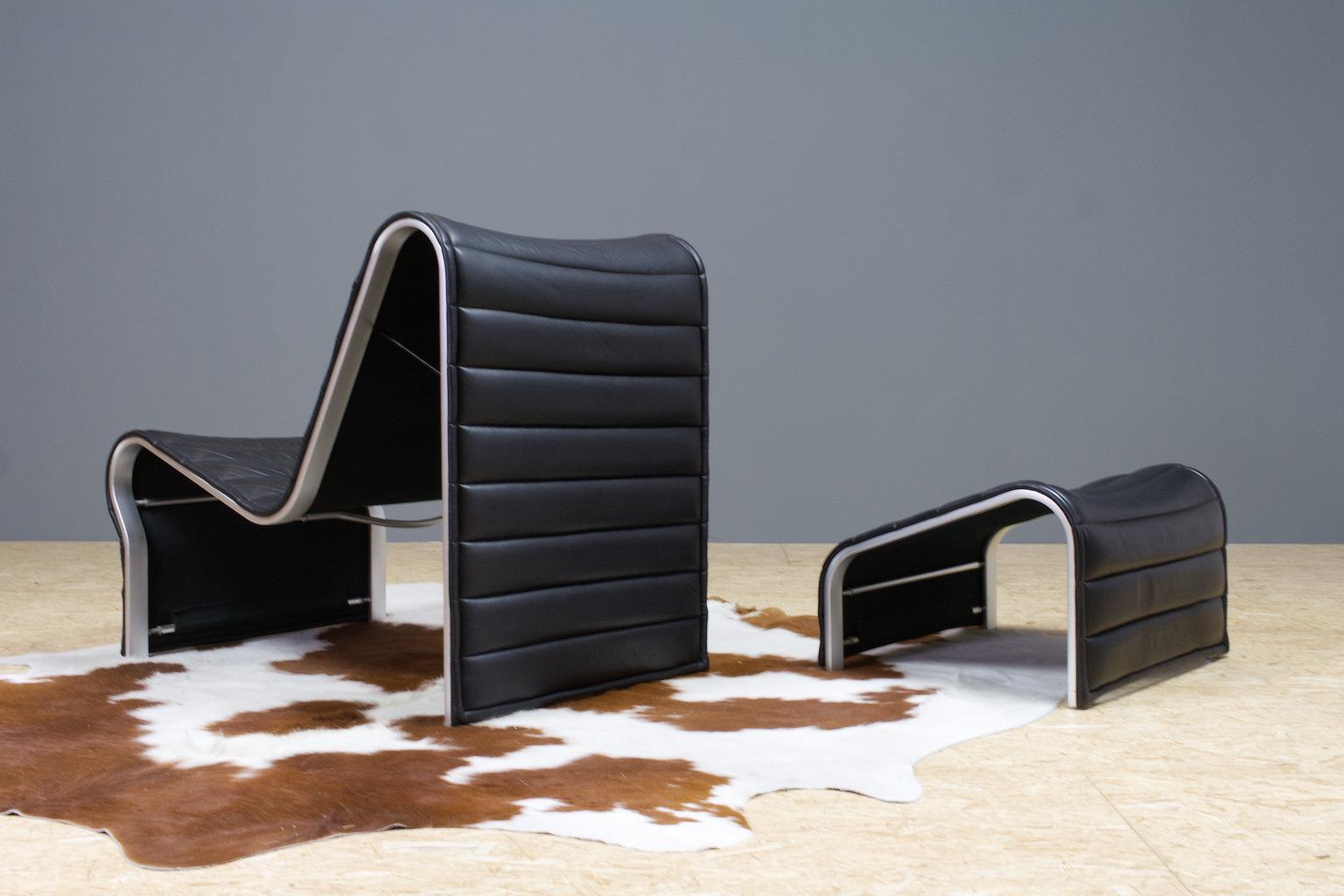 Aluminum Brutalist Lounge Chair in Black Leather with Ottoman by Eric Sigfrid Persson