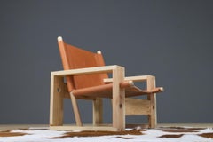 Brutalist Lounge chair in Pine, Ash and Saddle Leather by Ate van Apeldoorn