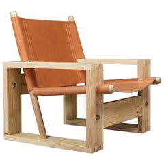 Brutalist Lounge chair in Pine, Ash and Saddle Leather by Ate van Apeldoorn